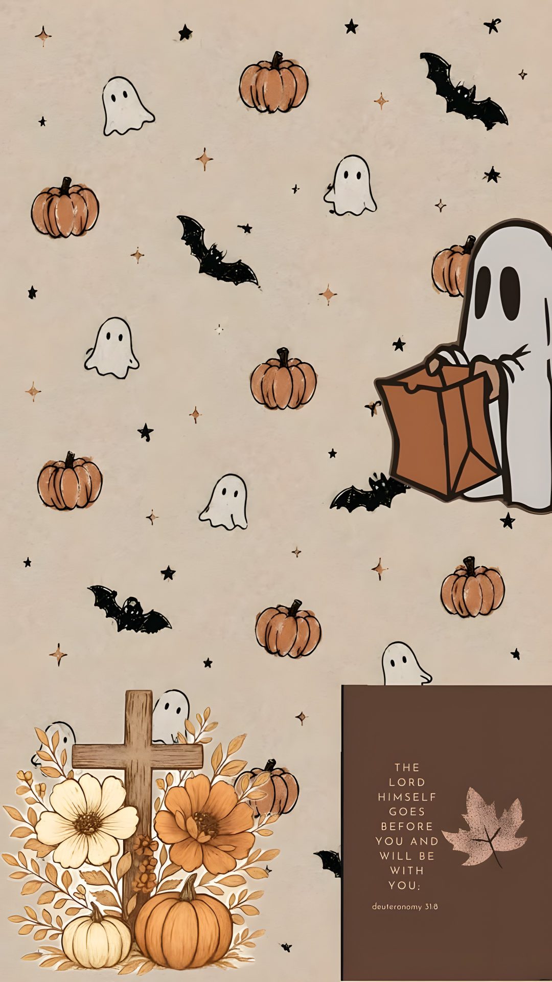 halloween wallpaper with ghost and pumpkins in the air, on a beige background Aesthetic Beige Halloween tan
