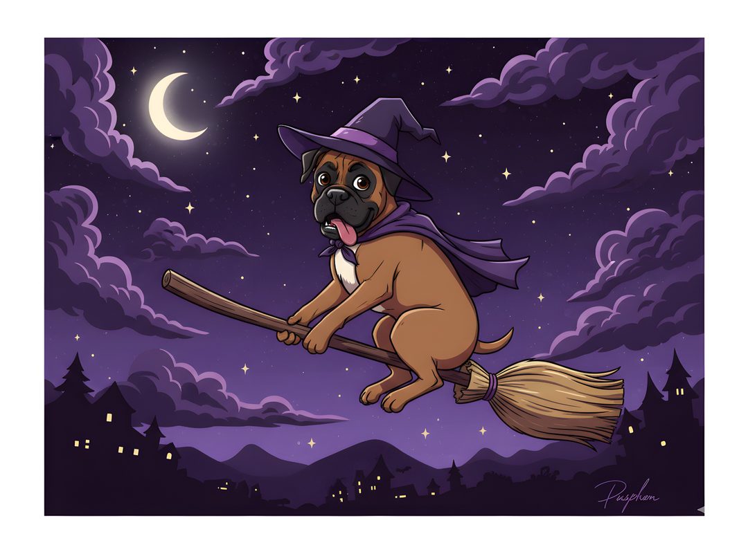 a pug dog dressed as a witch flying through the night sky on a broom Halloween Boxer Dog dark slate gray