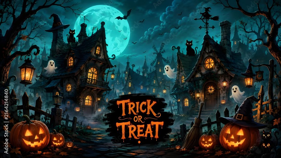 an animated halloween scene with pumpkins and jack - o'- lanterns Halloween Village 4k black