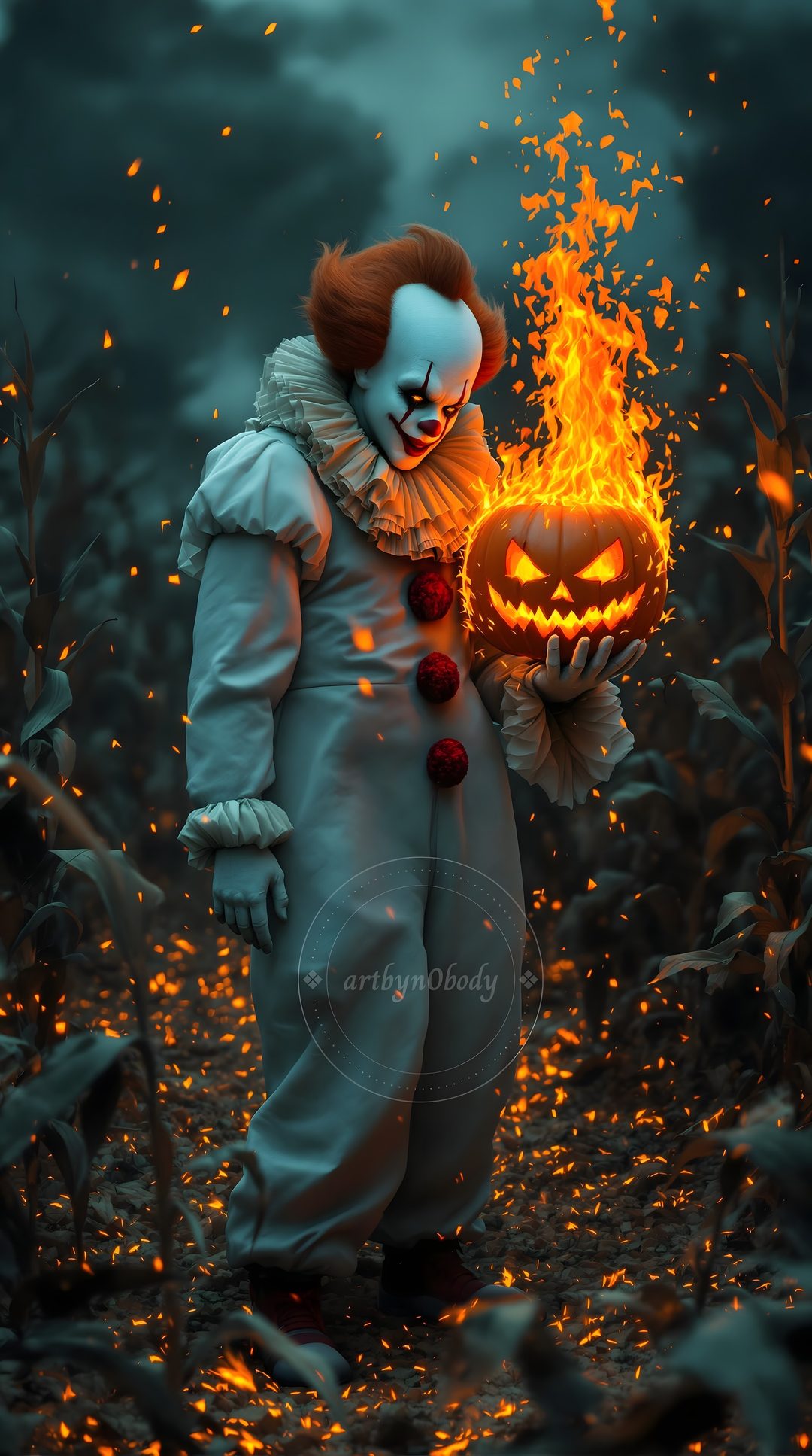a creepy clown holding a lit pumpkin in his hand with fire coming out of it Scary Halloween Characters dark slate gray