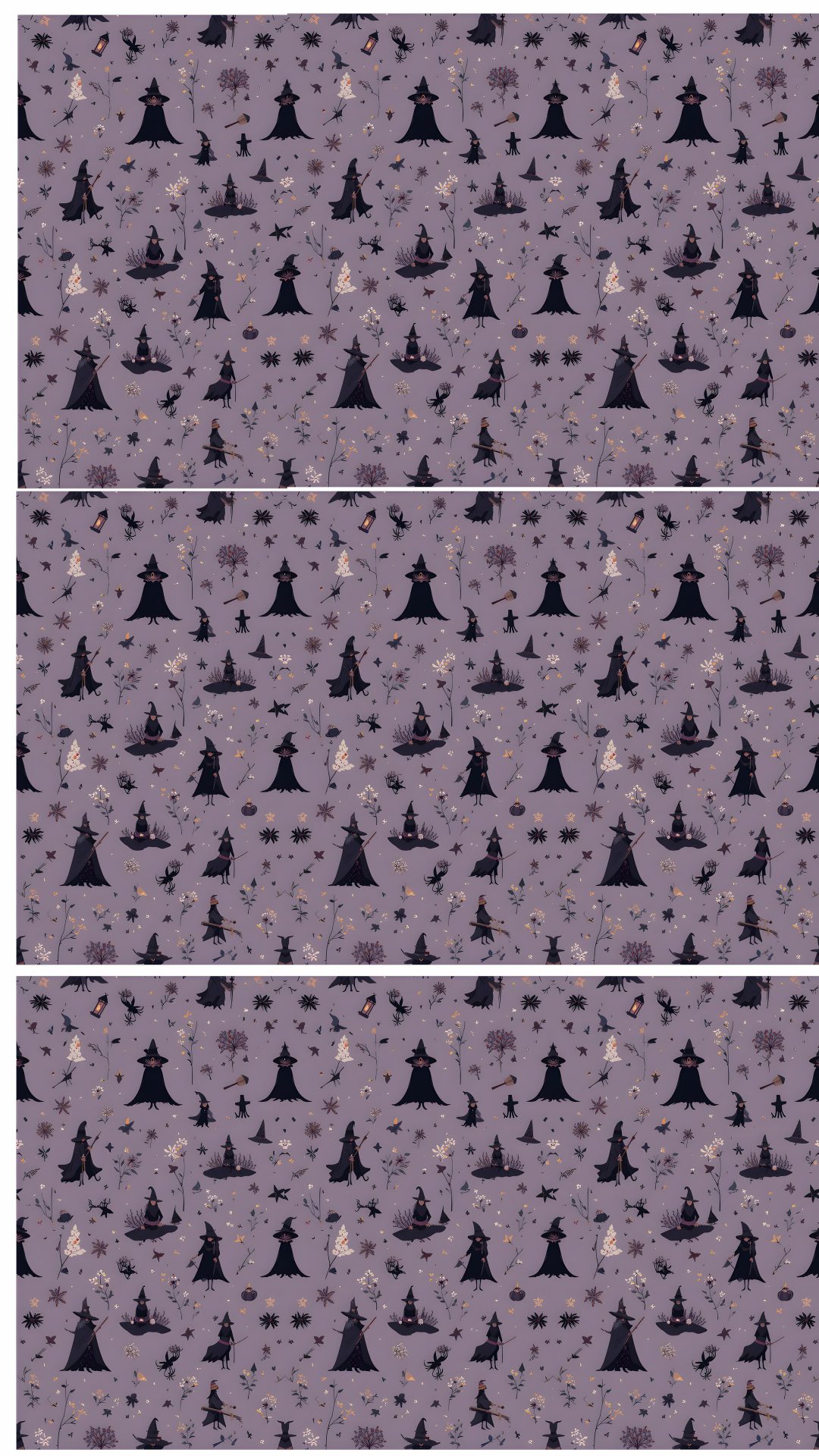 three different patterns with black trees and stars on purple background, one in the foreground Halloween Dollhouse gray