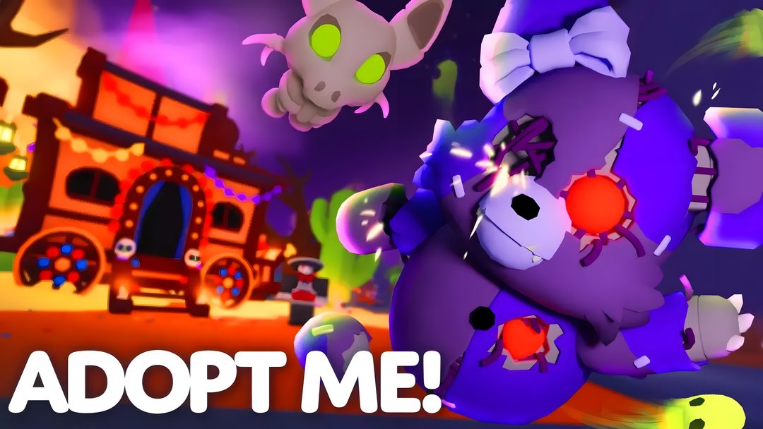 an animated video game with the words adopt me Adopt Me Halloween Moon Bear, Halloween Event, I, Adoption, Halloween, purple