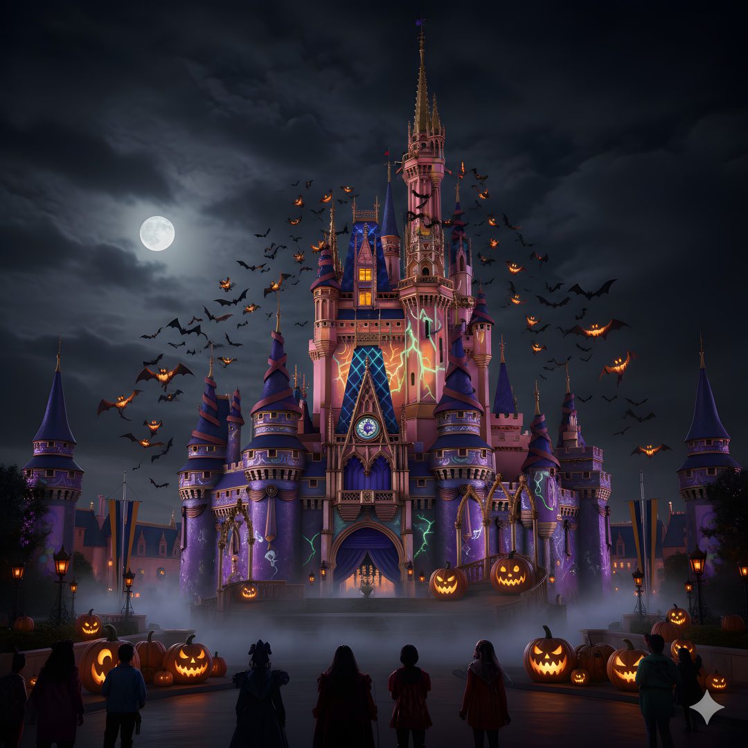 the castle is lit up with pumpkins and bats Disney Castle Halloween dark slate gray