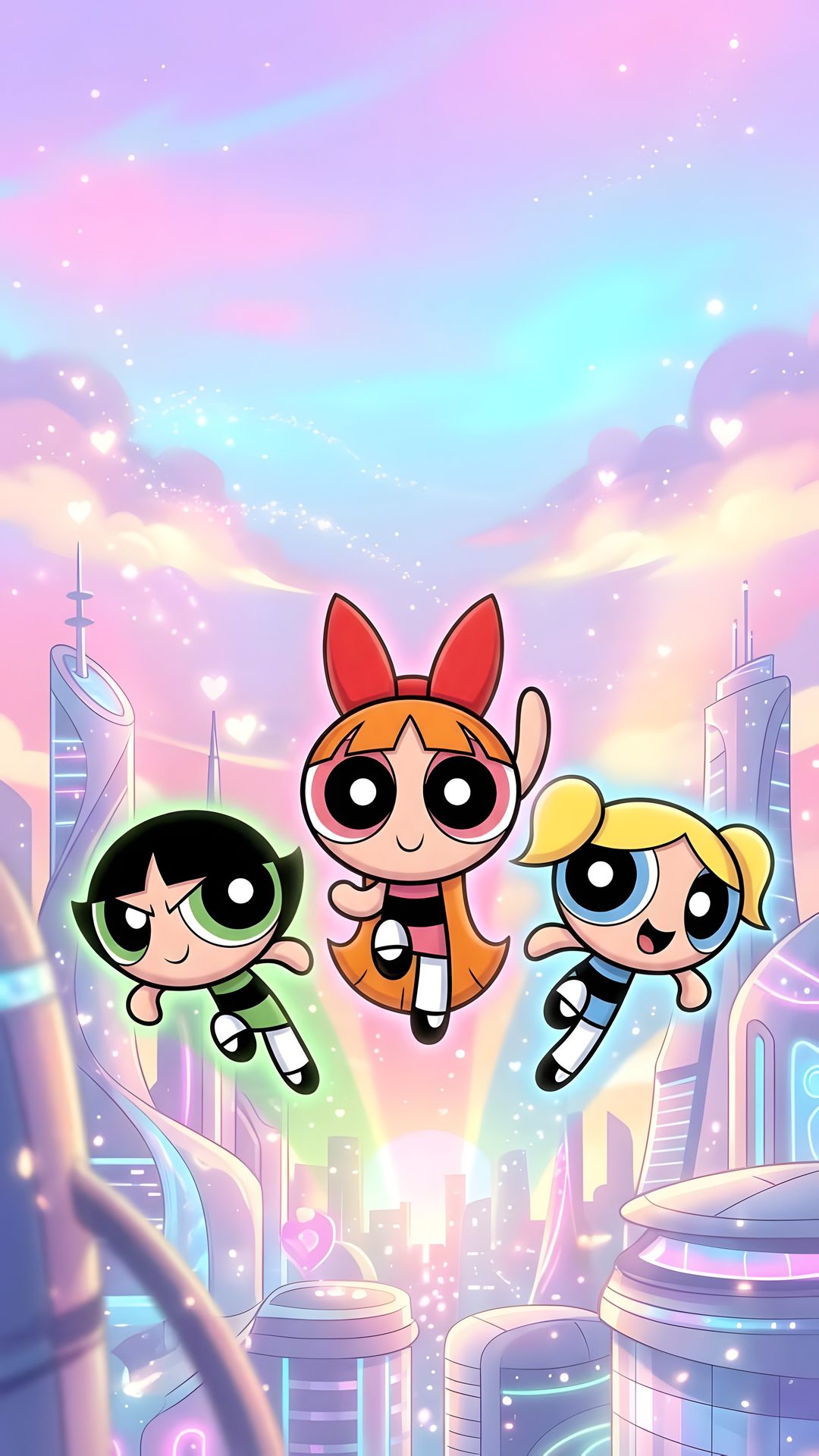 the powerpuff girls are flying through the air in front of a cityscape Powerpuff Girls Halloween thistle
