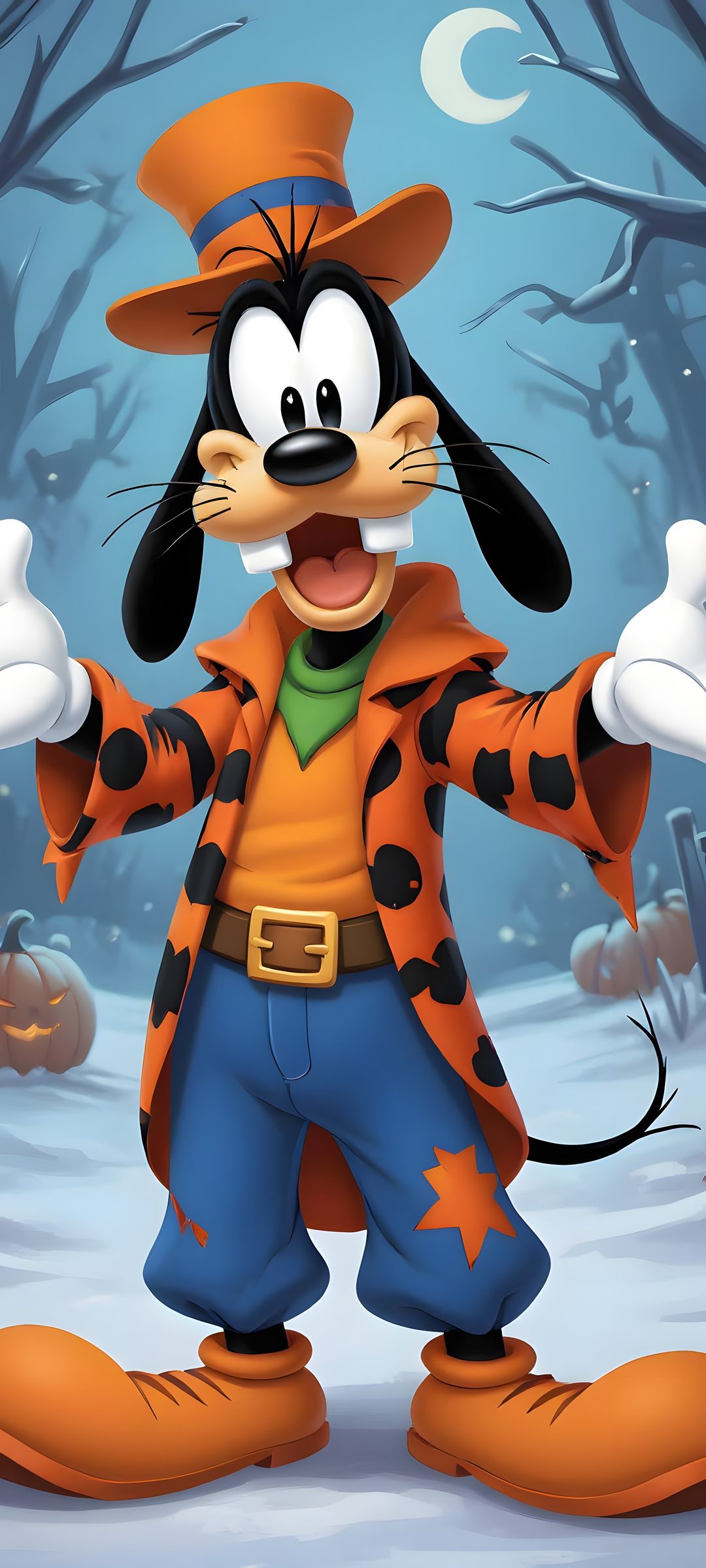 the goofy mouse is dressed up as a cartoon character in front of a snowy background Pluto Halloween slate gray