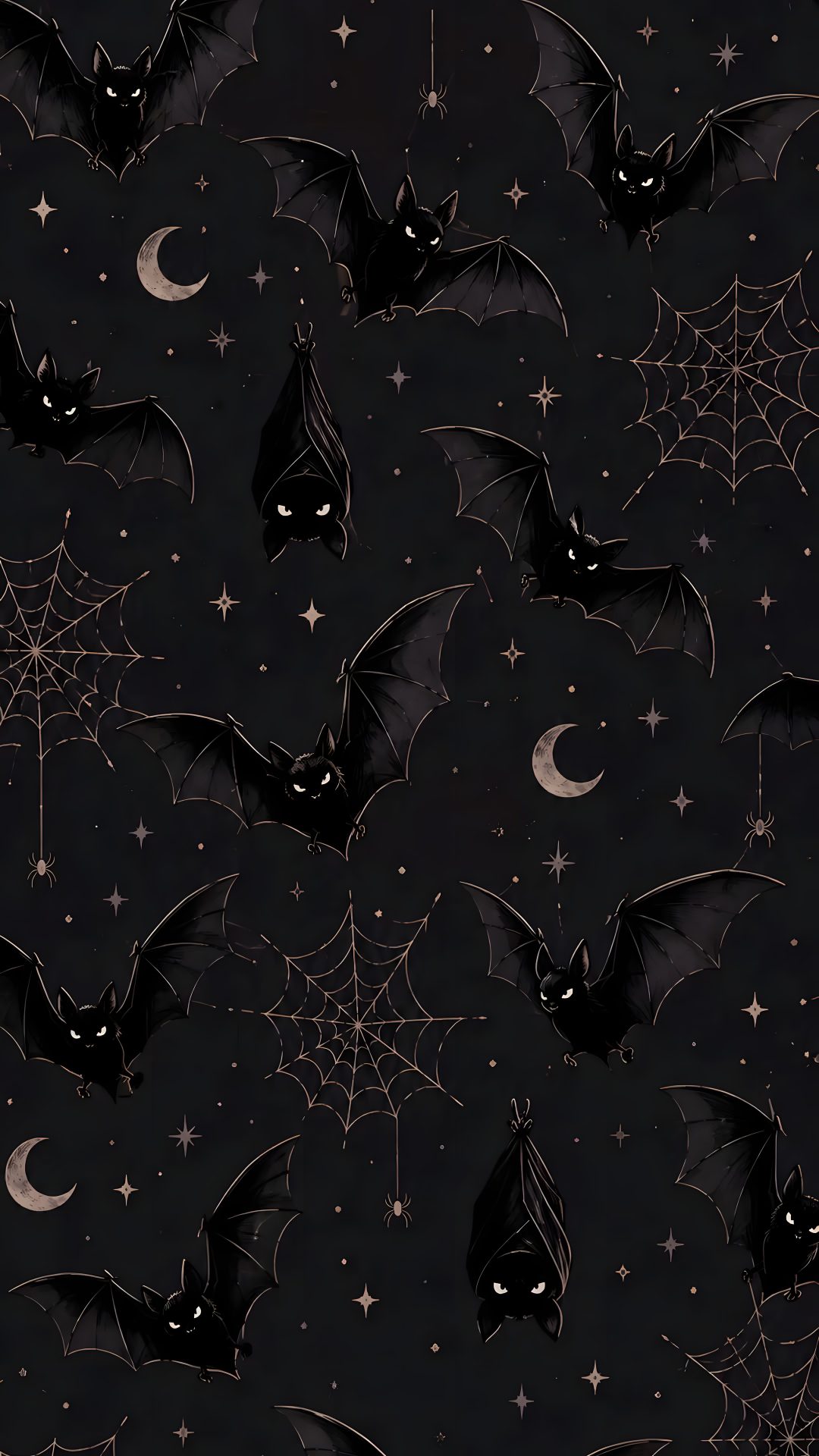 bats and spider webs on a black background with stars, moon and crescentes Halloween Black black