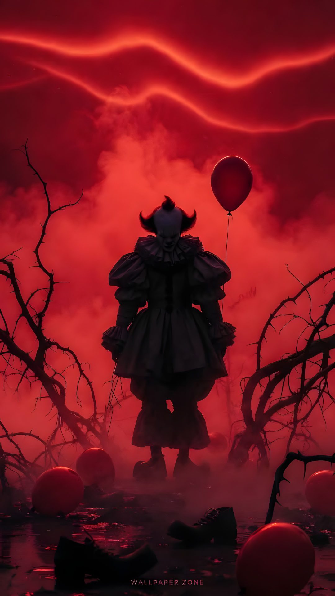 a creepy clown standing in the middle of a field with red clouds behind him and an orange balloon floating over his head Wrecking Ball Halloween 4k maroon