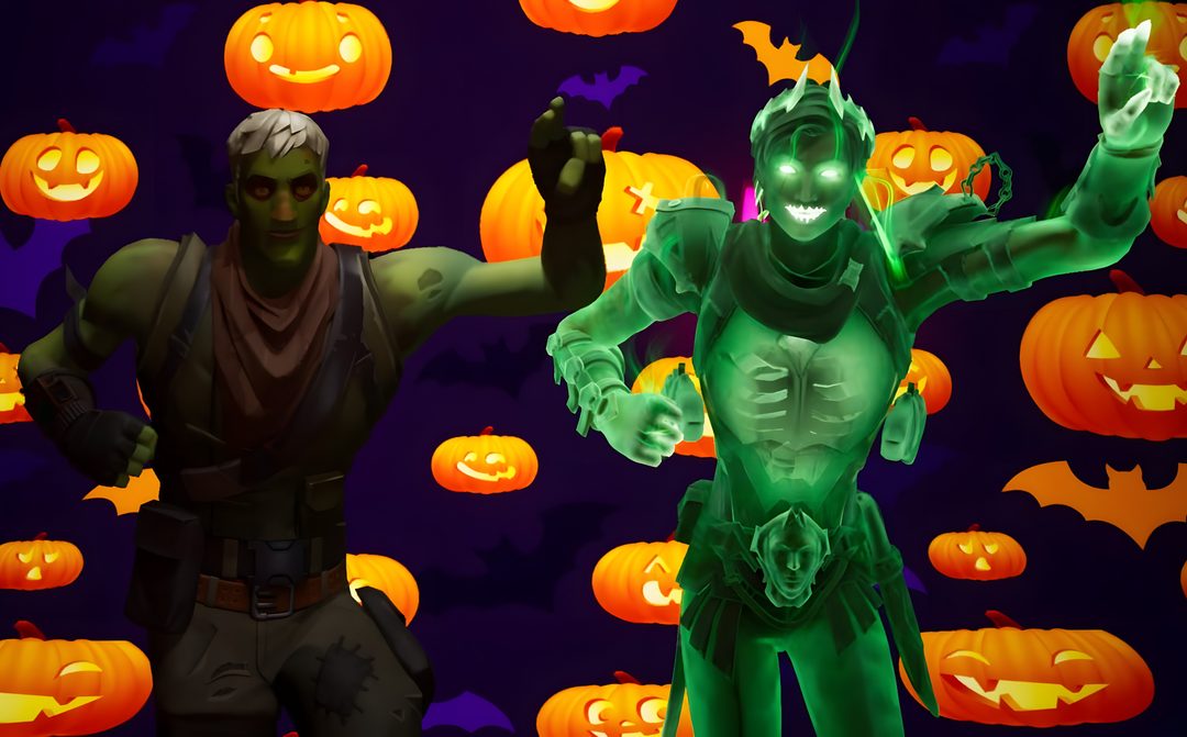 two people dressed up in halloween costumes with pumpkins around them and one holding a cell phone Fortnite Halloween black