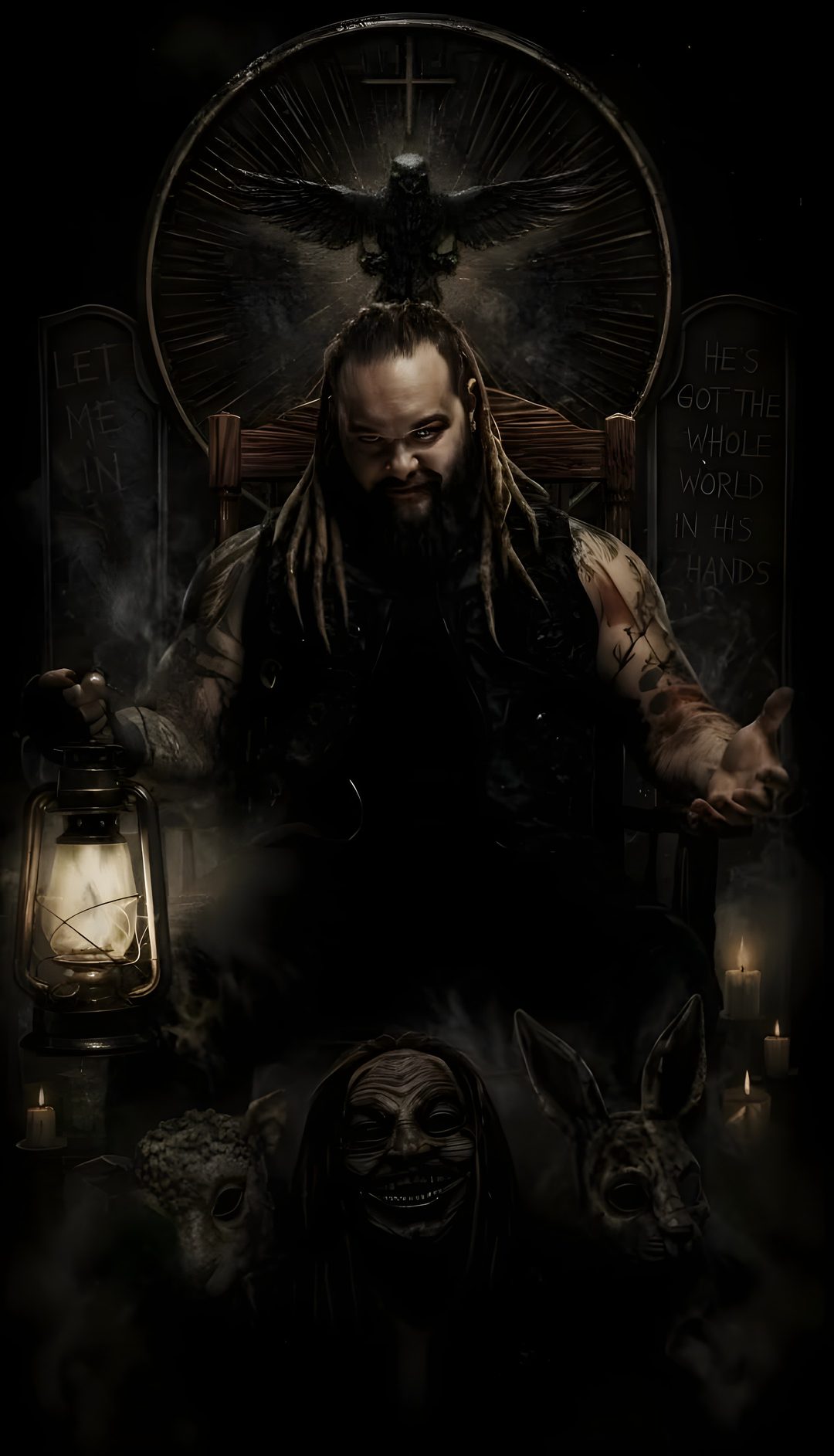 a man sitting on top of a chair in front of a lantern and two creepy faces Wwe Halloween Wwe Bray Wyatt, Bray Wyatt, Pro Wrestling, Wwe, Wrestling, black