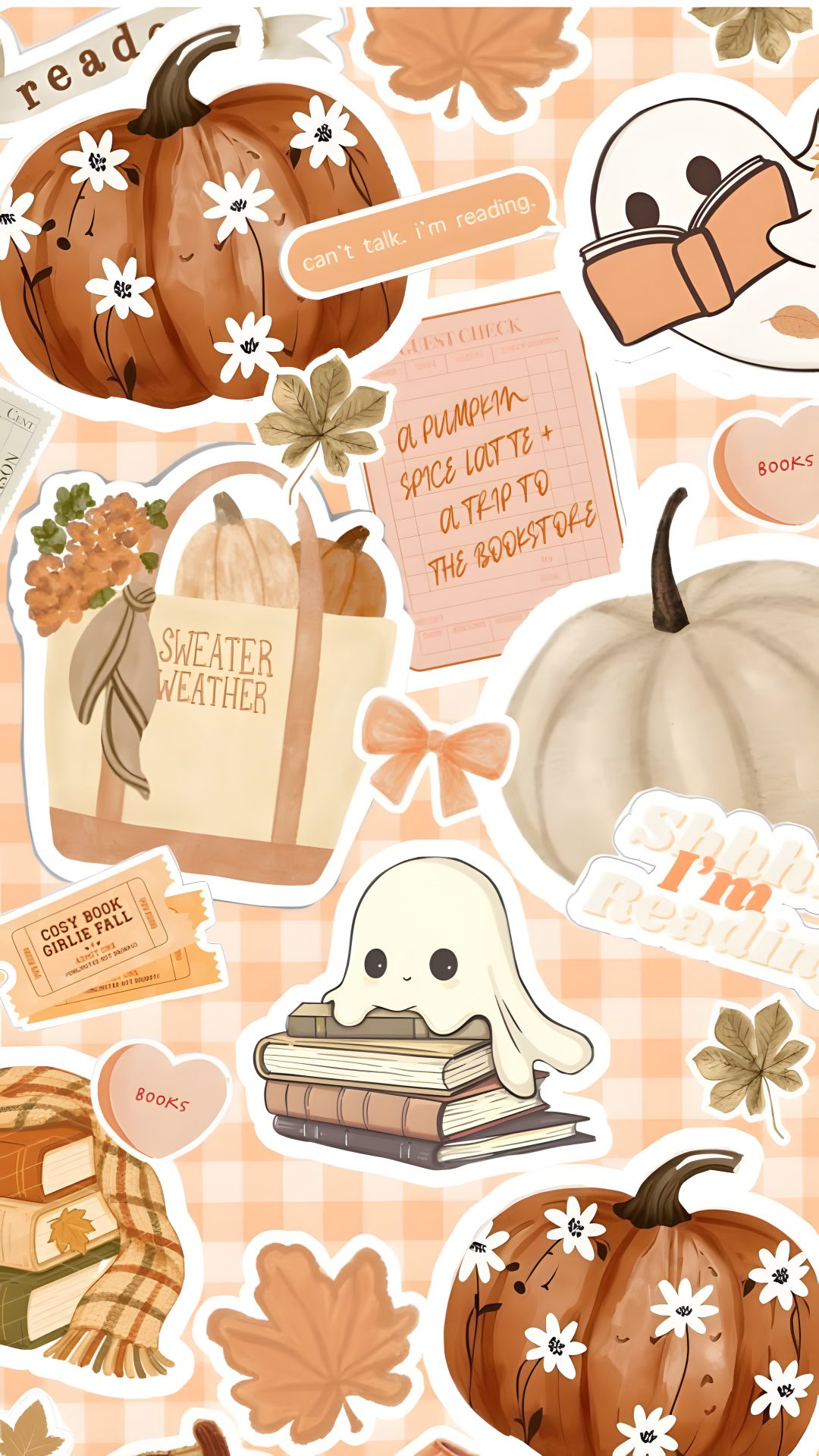 an assortment of stickers with pumpkins, books and other things in them on a checkered tablecloth background Cute Halloween Fall wheat