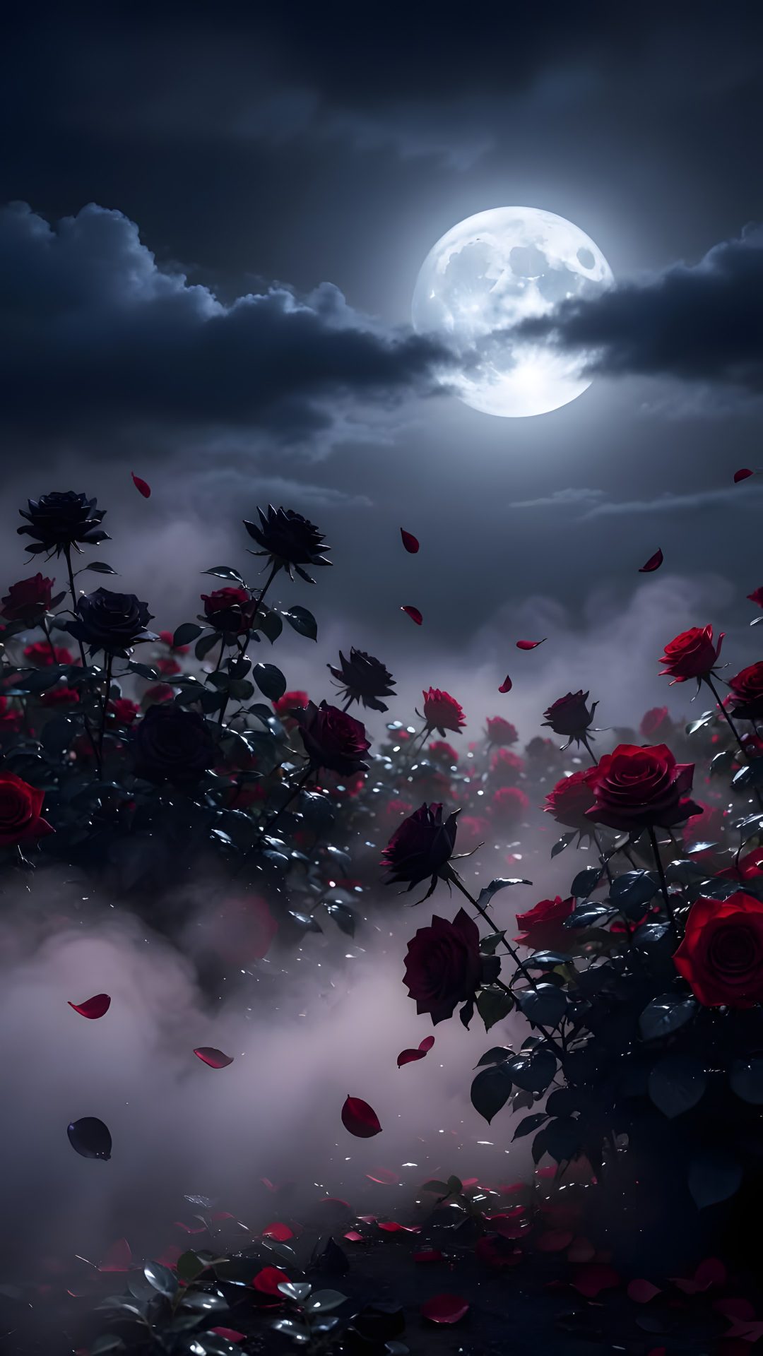 the full moon shines brightly over a field of red roses in front of a dark, foggy sky Moonlight Flowers Halloween Floral Gothic Background, Dark Disney Illustration, Iphone Images, dark slate gray