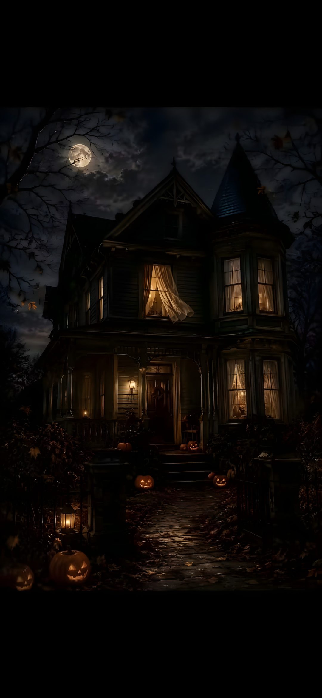 a creepy house with pumpkins on the ground and lights in the windows at night Vintage Halloween Haunted House black