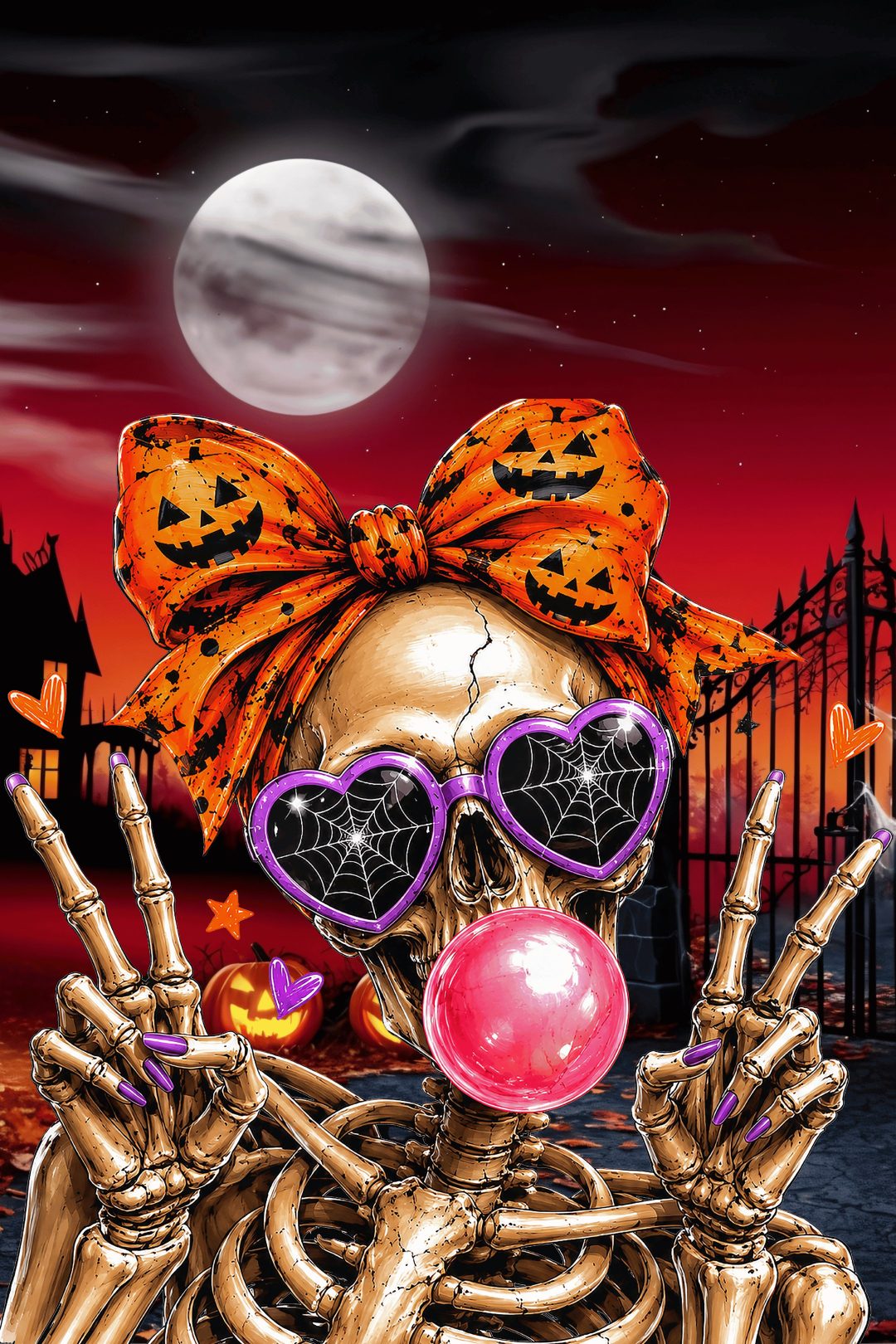 a skeleton with sunglasses and a bow on it's head is blowing a bubble Halloween Baddie maroon
