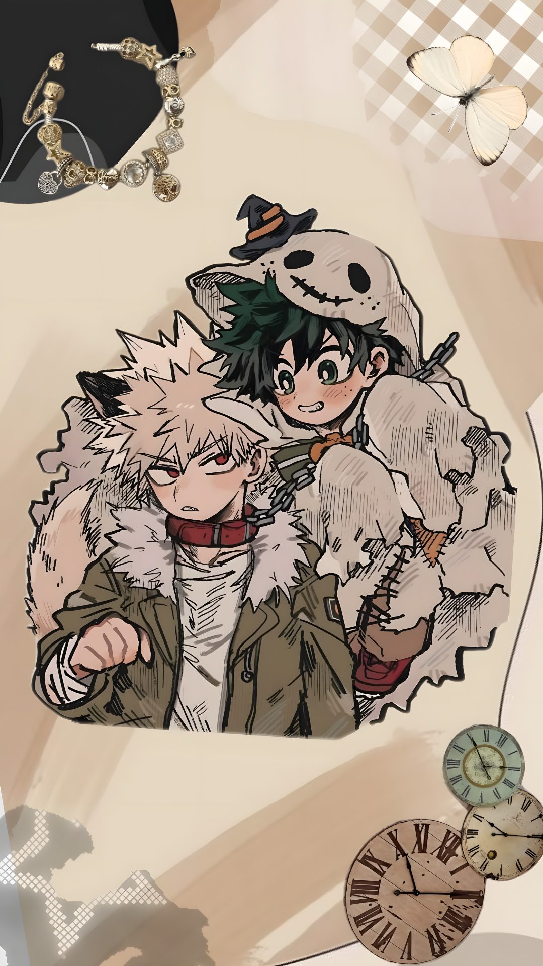 an anime scene with two people holding each other in front of a clock and butterflies Aesthetic Mha Halloween tan