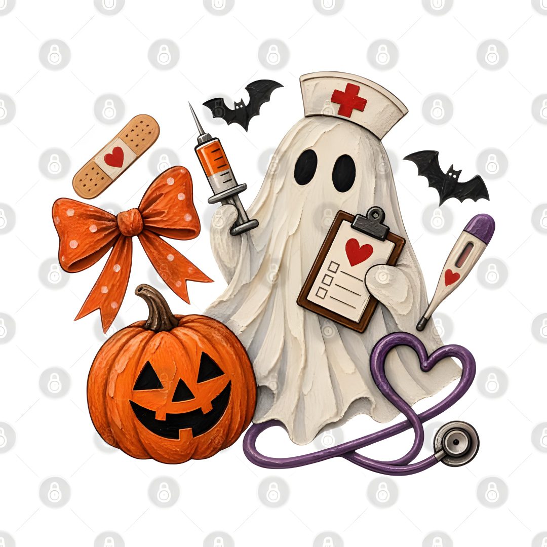 a halloween scene with a ghost, stethoscope, pumpkin and doctor's hat Halloween Nurse snow