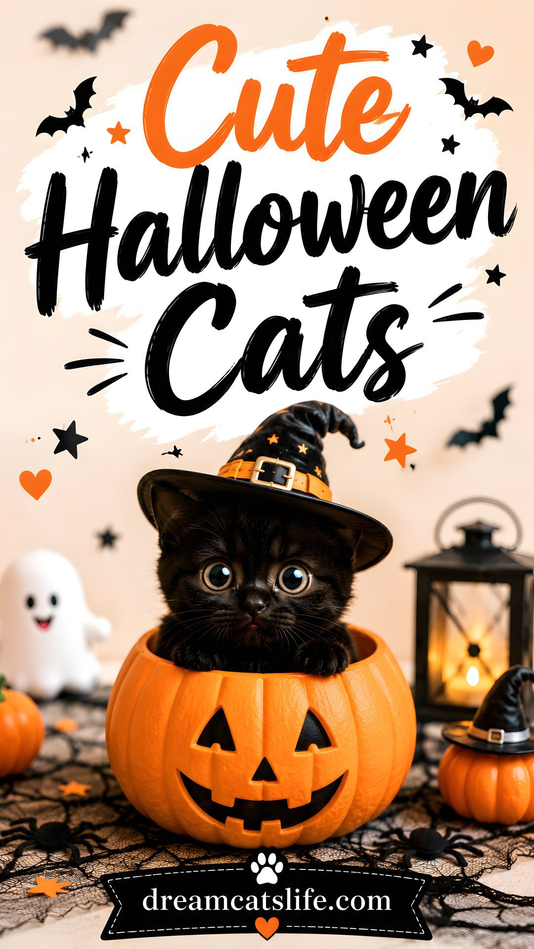 a black cat wearing a witches hat sitting in a jack - o'- lantern Free Halloween Cat light salmon