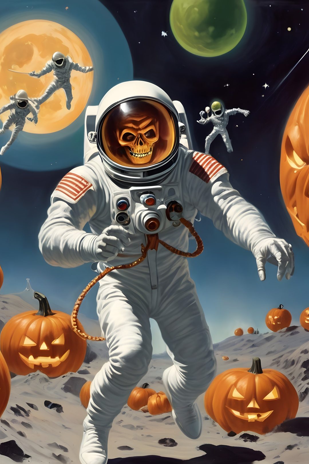 an astronaut floating in the air surrounded by pumpkins Halloween Space dim gray