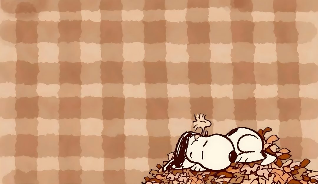a peanuts cartoon laying on top of a pile of leaves next to a brown and white checkered wall Snoopy Halloween Ipad dark salmon