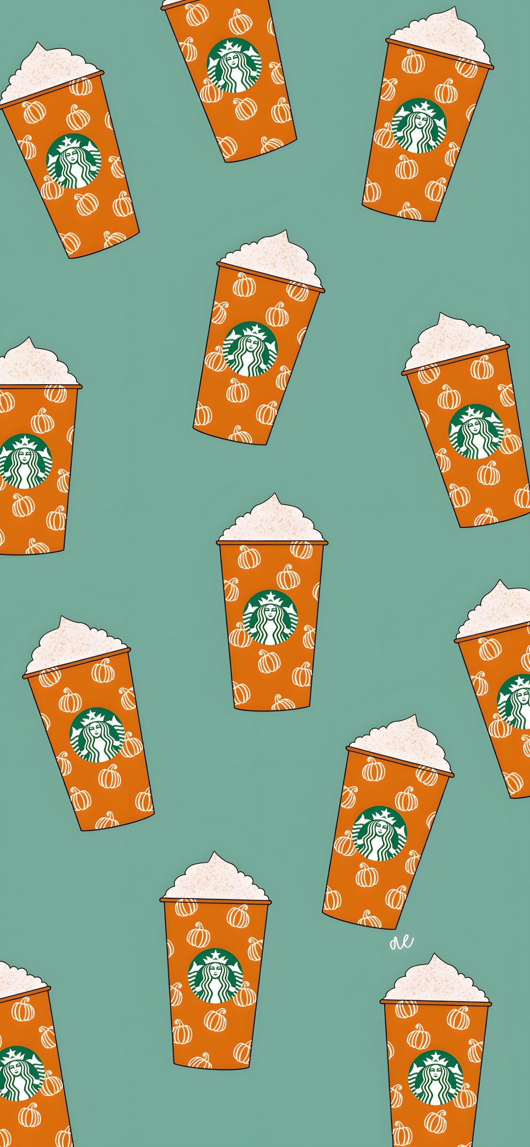 starbucks cup pattern with orange and white coffee cups on green background for wallpaper or fabric Halloween Starbucks cadet blue