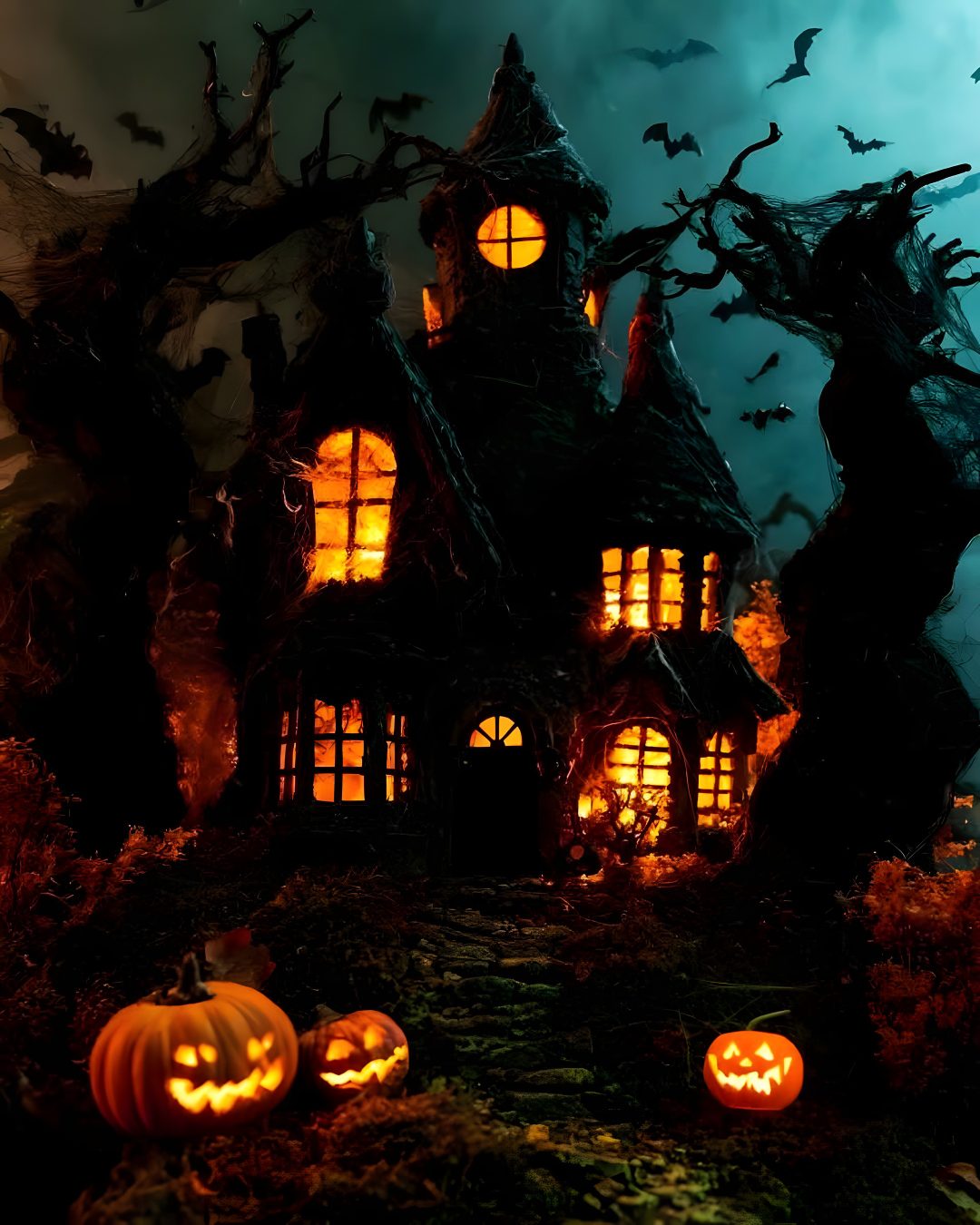 a halloween house with pumpkins on the ground Halloween Forest House black