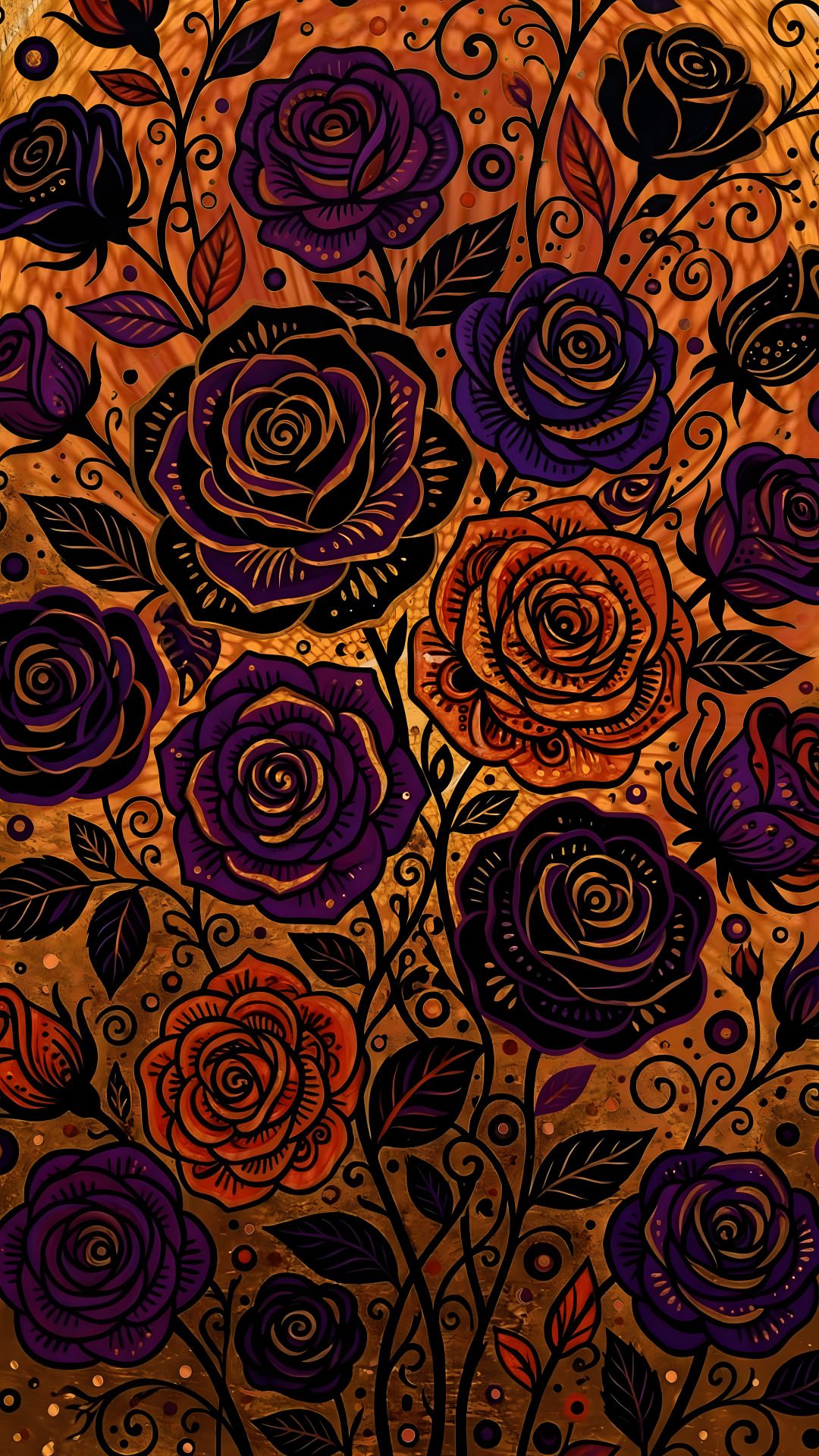 an artistic painting with flowers and leaves on it's surface, in purples and oranges Halloween Floral Custom Flowers, black