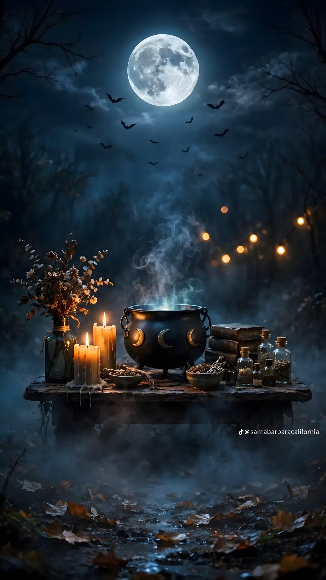 a table topped with candles next to a pot filled with liquid and surrounded by bats Halloween Witch Cauldron dark slate gray