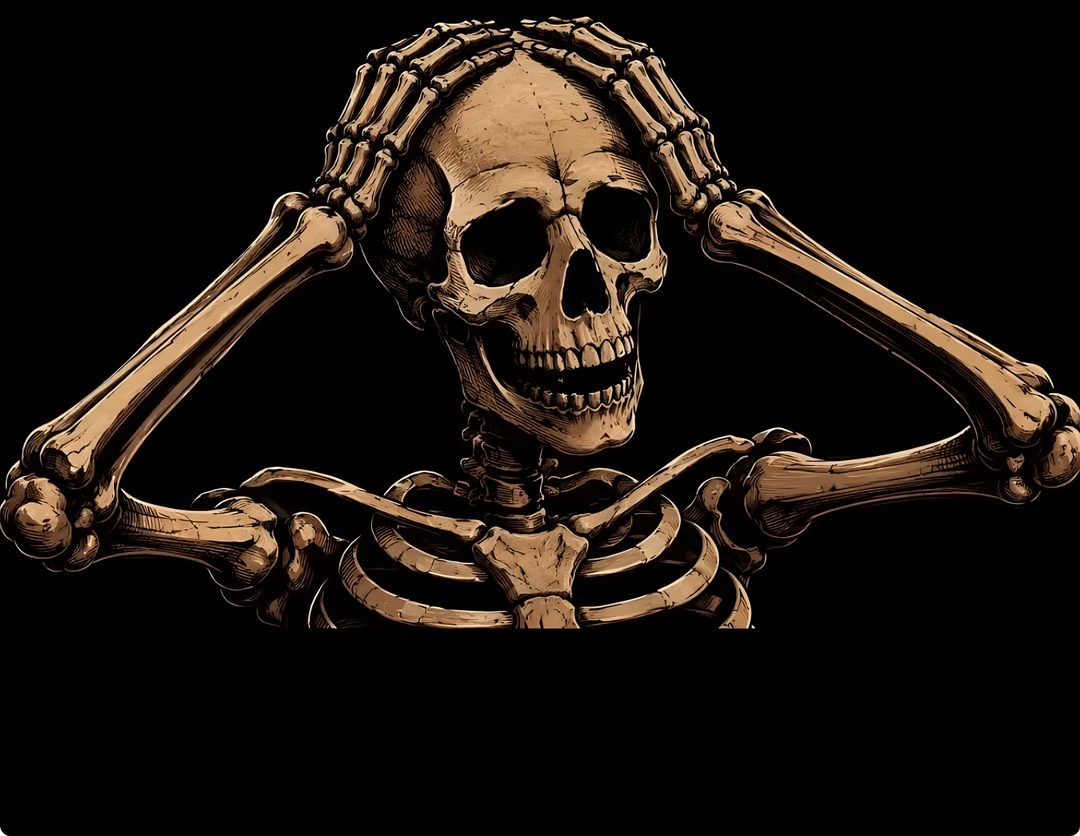 a skeleton holding its head in the air with it's hands behind his head Halloween Skull For Desktop black
