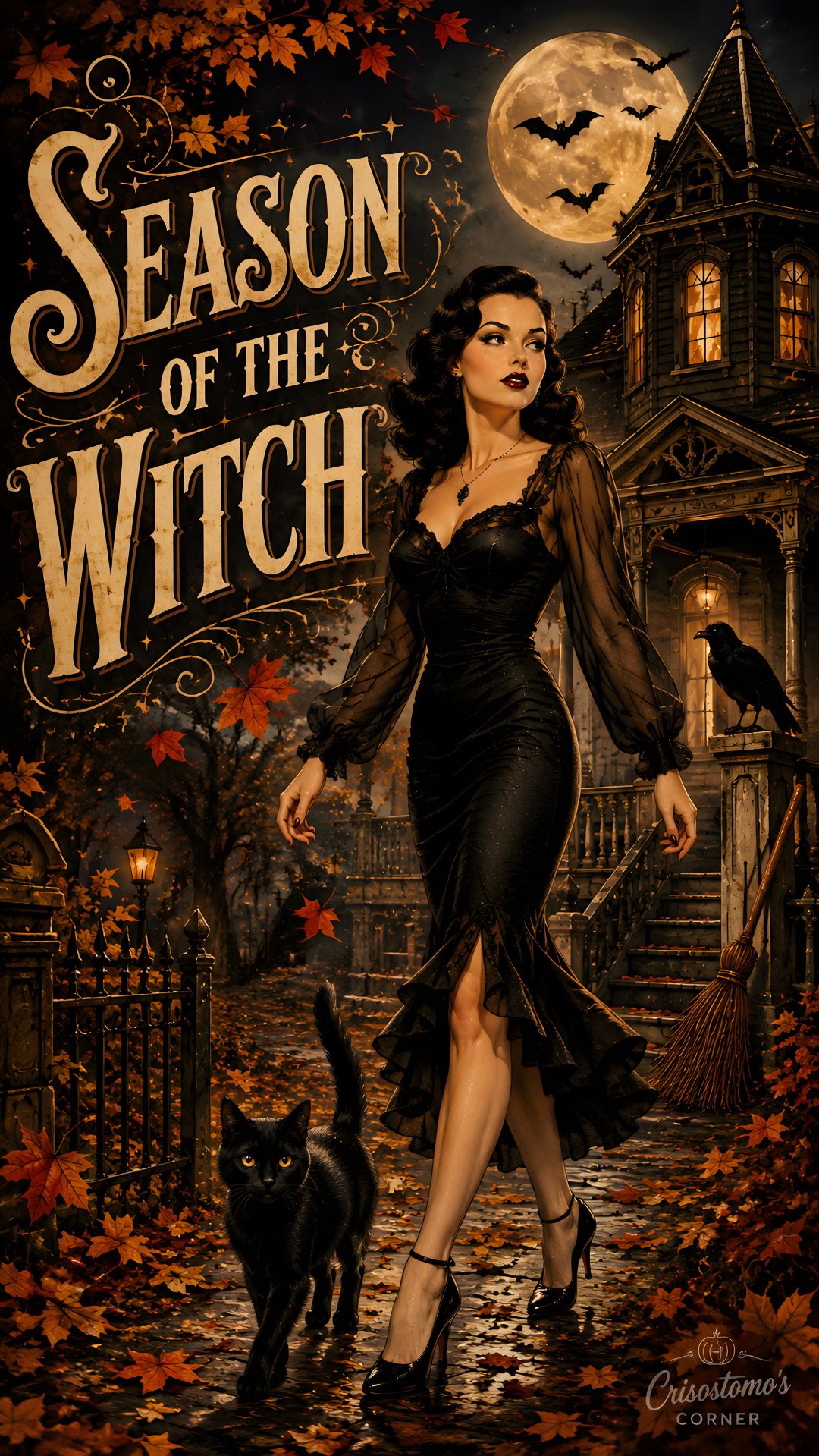 the cover to season of the witch, featuring a woman in a black dress and a cat Halloween Season Of The Witch black