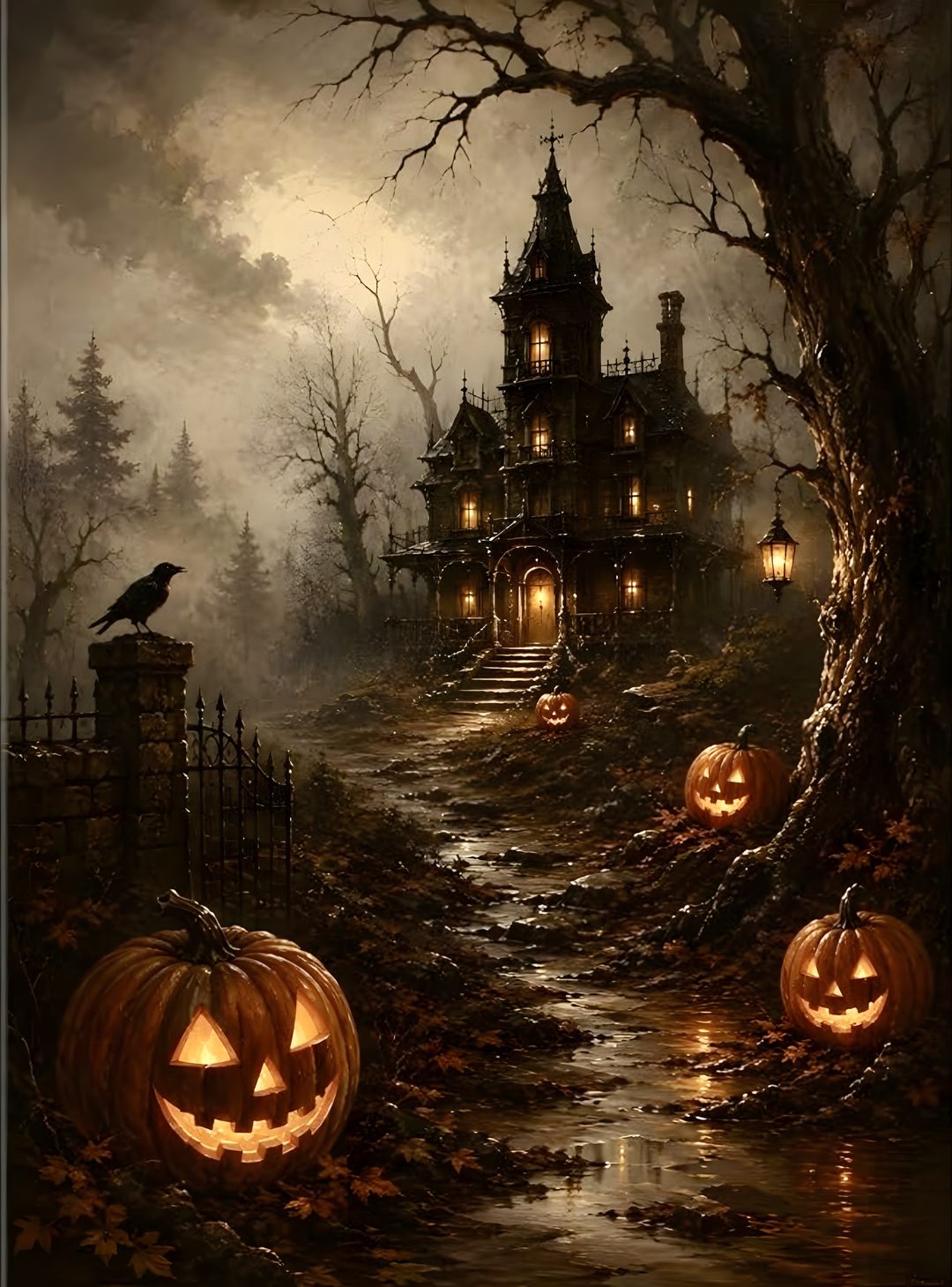 halloween scene with jack o lantern pumpkins in the foreground and a creepy house in the background Vintage Halloween- Bobcats Castle black