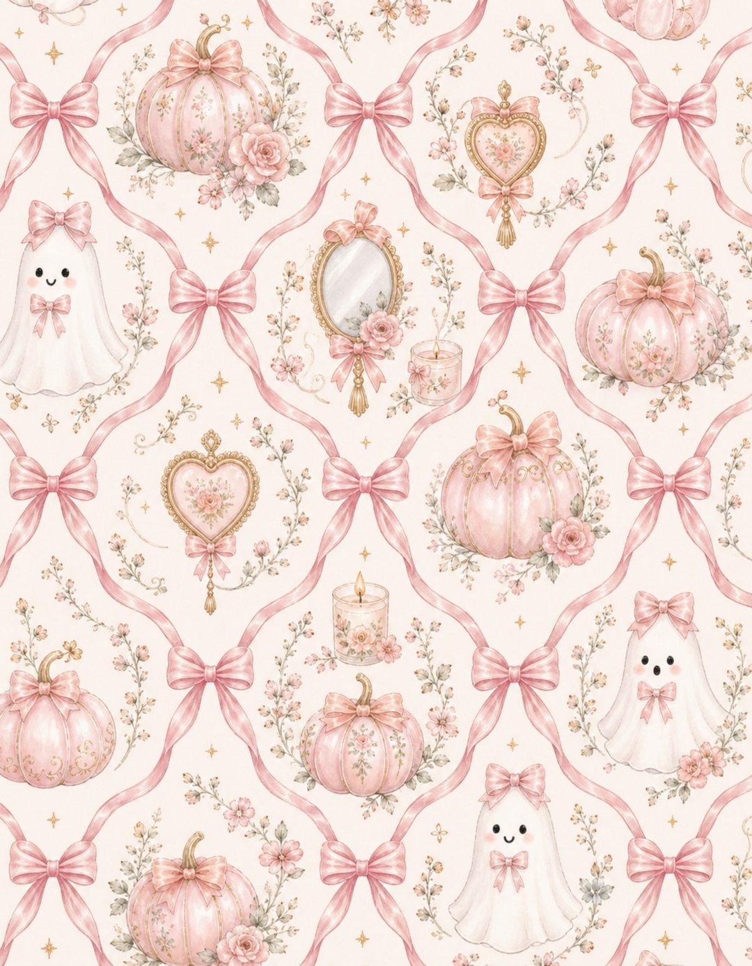 a pink and white wallpaper with pumpkins, roses, bows and other items Rose Gold Girly Cute Halloween linen