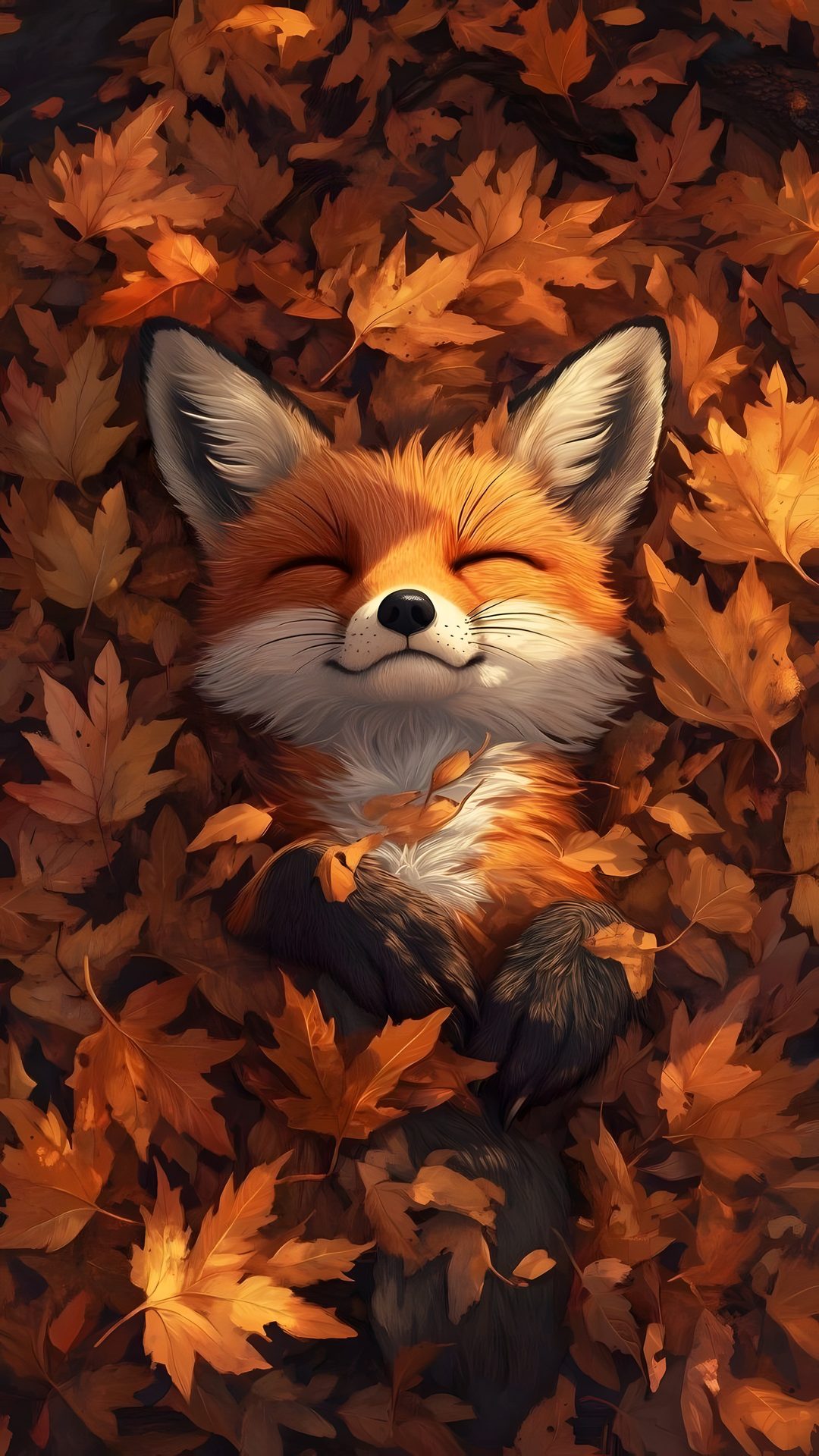 a painting of a sleeping fox surrounded by leaves Halloween Forest Animals saddle brown