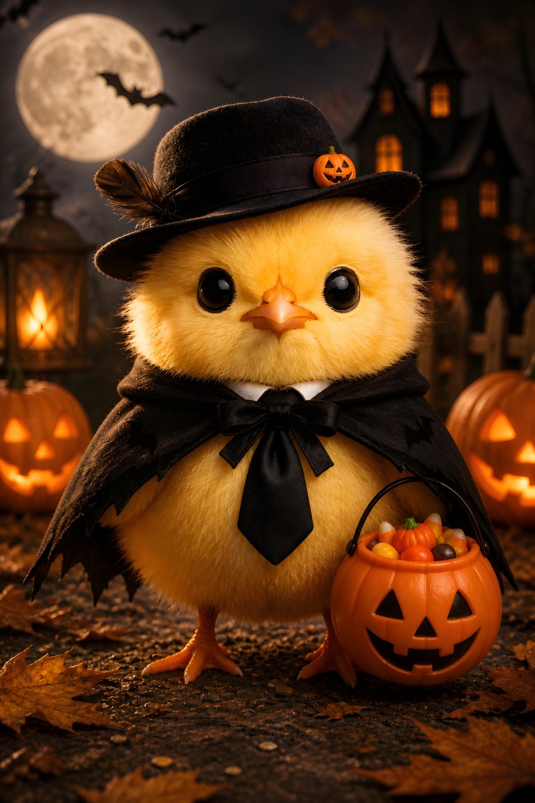 a yellow chicken wearing a top hat and black bow tie with pumpkins in the background Halloween Chicken black