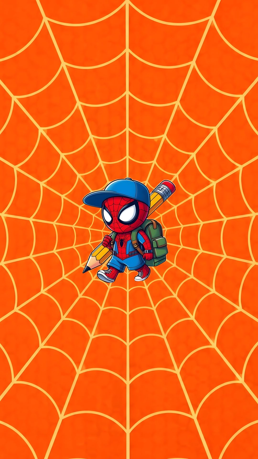spiderman in the middle of a web with his back turned to look like he is holding Halloween Spiderman orange red