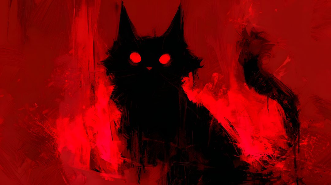 a black cat with red eyes sitting in the dark Halloween Fiery Felines-black Custom maroon