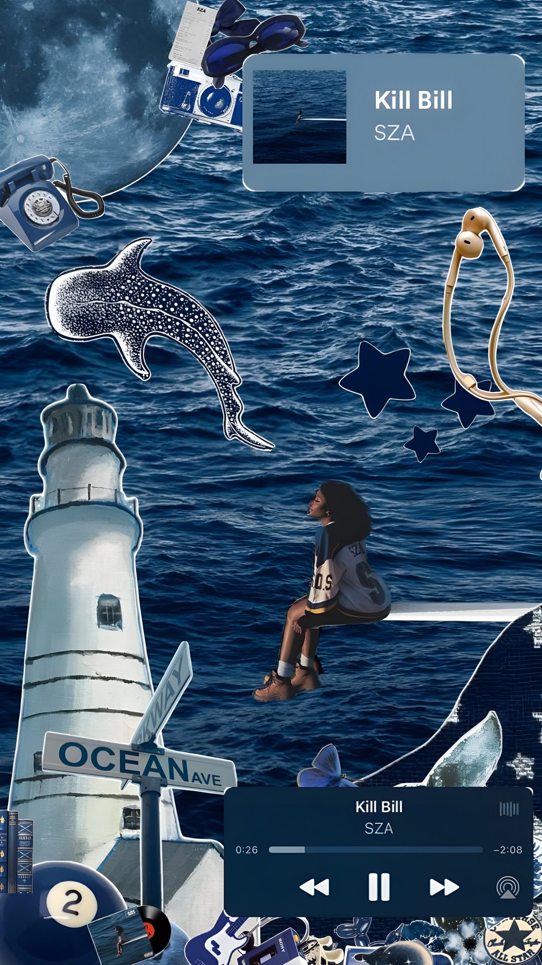 a collage of various images including a lighthouse, seagulls and other things Sza Halloween Kill Bill, Widget Icon, Aesthetic, dark slate gray