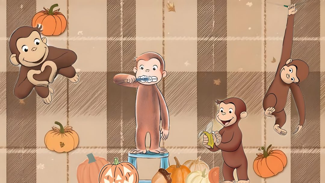 an image of monkeys and pumpkins on a plaid tablecloth with the words happy halloween Curious George Ipad Halloween Ipad, Curious George Widget Halloween, Curious George, rosy brown