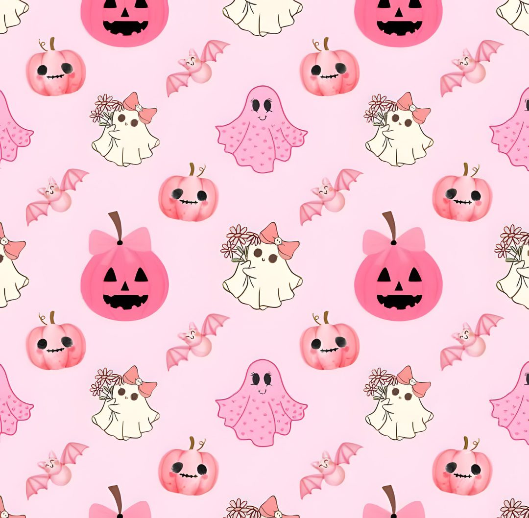 a pink wallpaper with lots of different types of pumpkins and ghost faces on it Cute Pink Halloween For Computer lavender blush