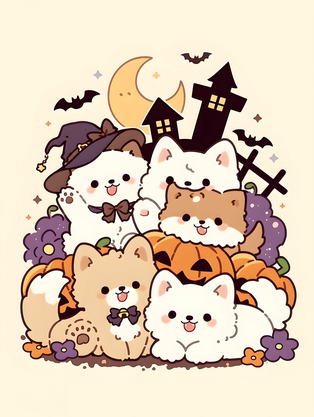 a group of cats that are sitting in front of a house with bats and pumpkins Cute Halloween Dog Cartoon cornsilk