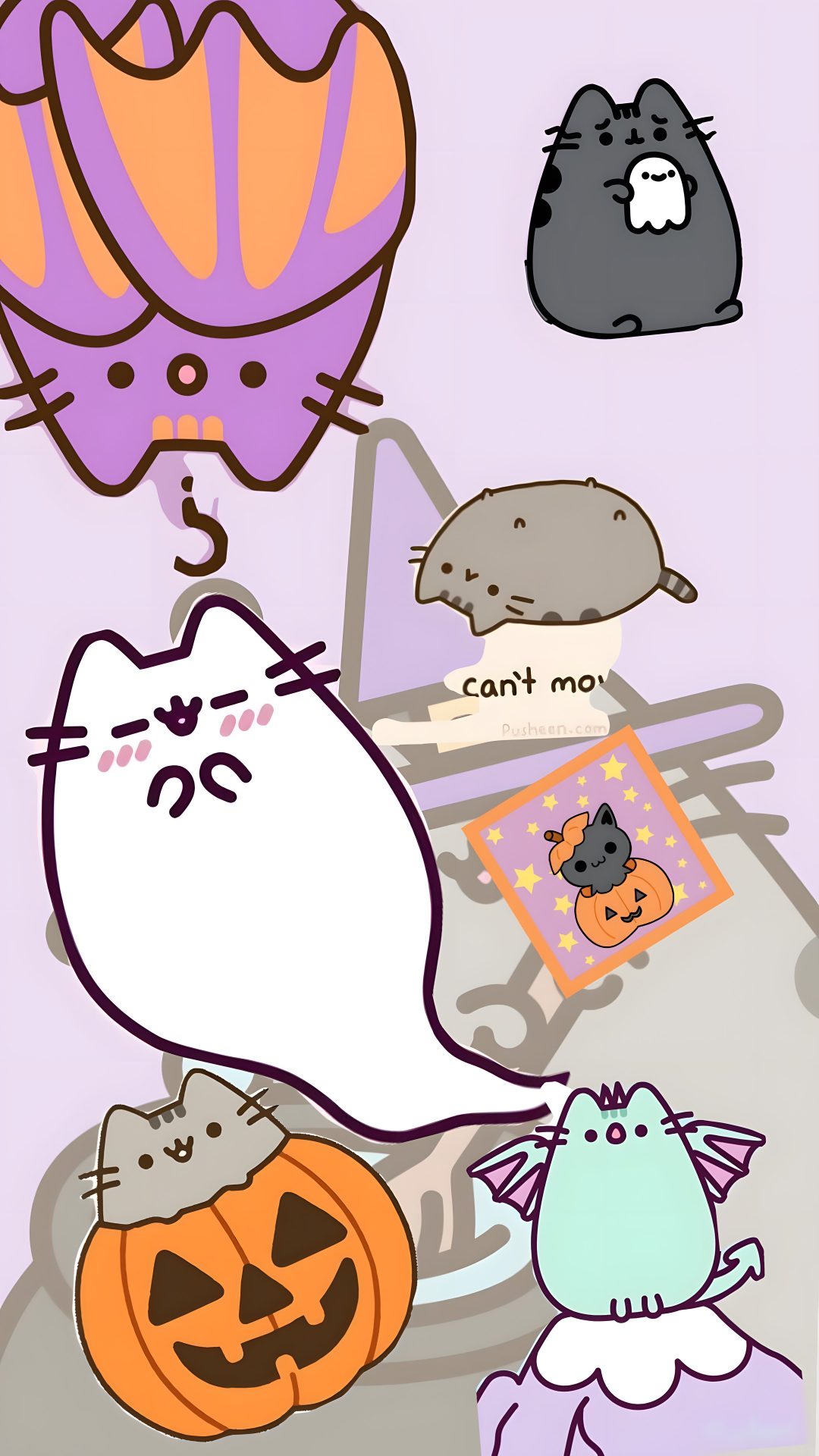 a bunch of cats that are standing in front of some pumpkins Kawaii Kawaii Pusheen Halloween thistle