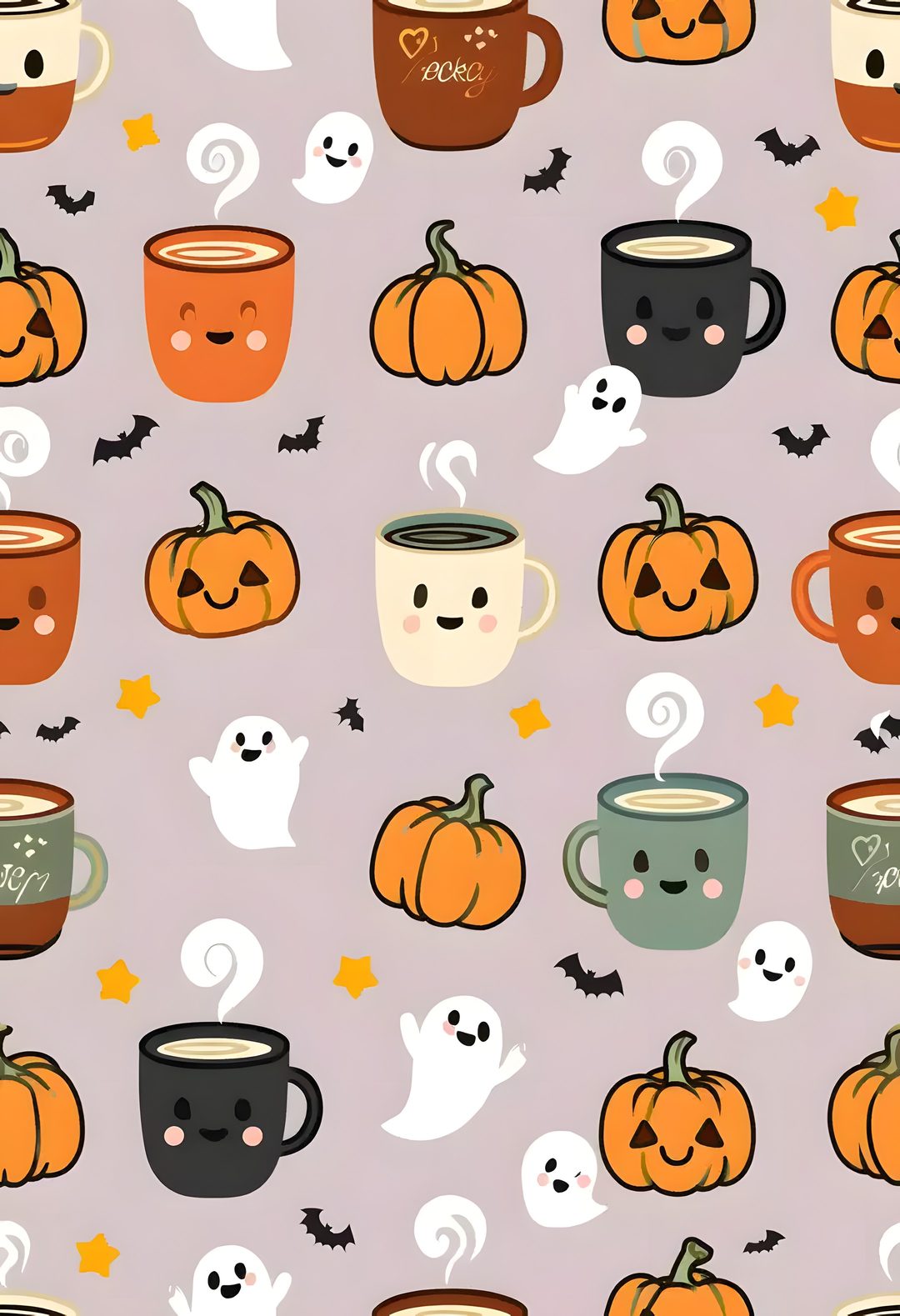 a pattern with coffee mugs and ghost faces Cute Halloween Coffee thistle