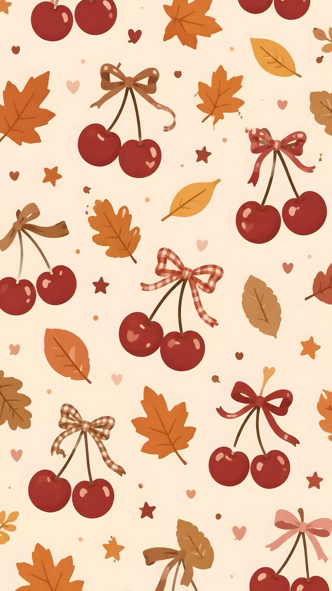 cherries and leaves on a white background with hearts, bows and stars in the center Halloween Cherry antique white