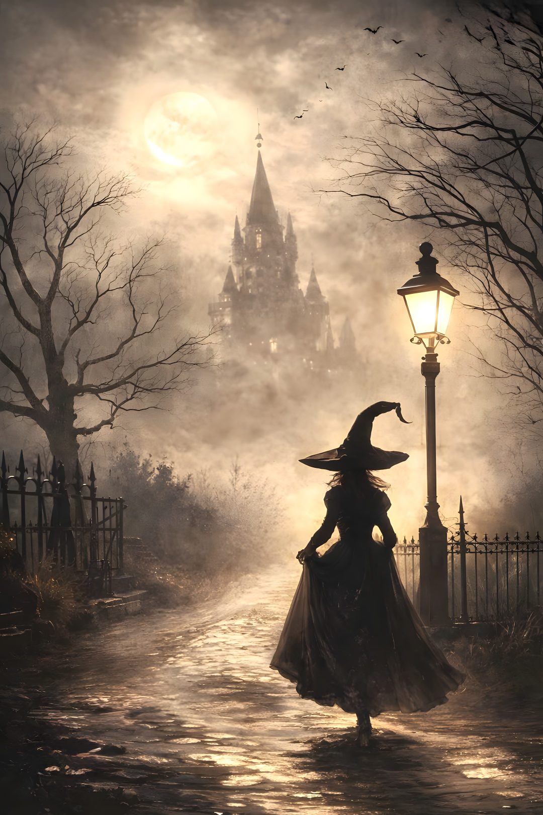 a woman dressed as a witch walking down a street in front of a castle at night Gothic Halloween Witch gray