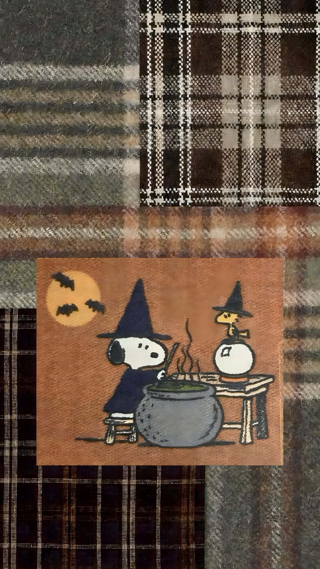 a patchwork pattern with snoopy and witch cooking in a pot on the table Aesthetic Halloween Snoopy dark olive green