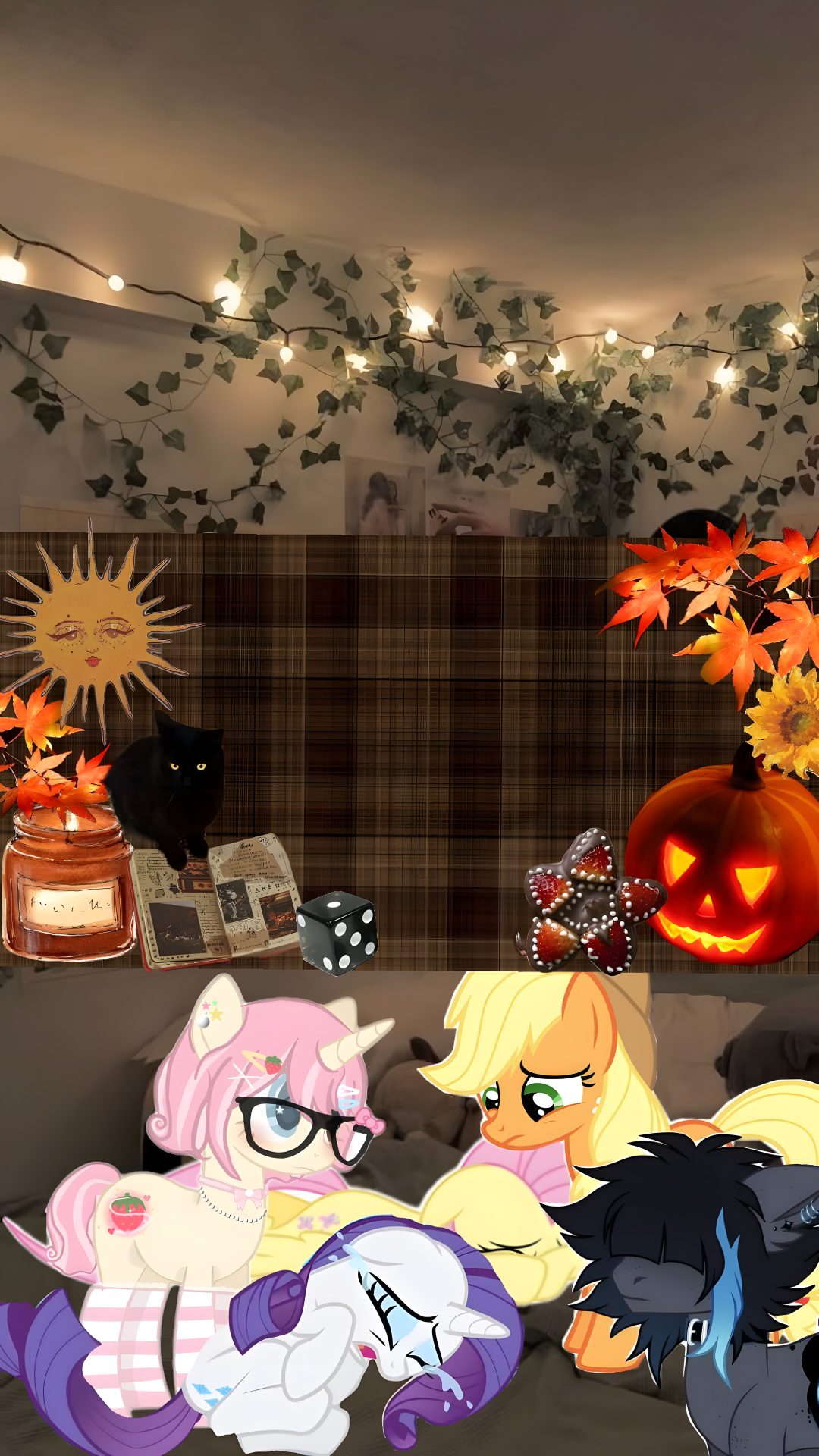 three ponies sitting on a couch with pumpkins in the background Halloween Pony dark olive green