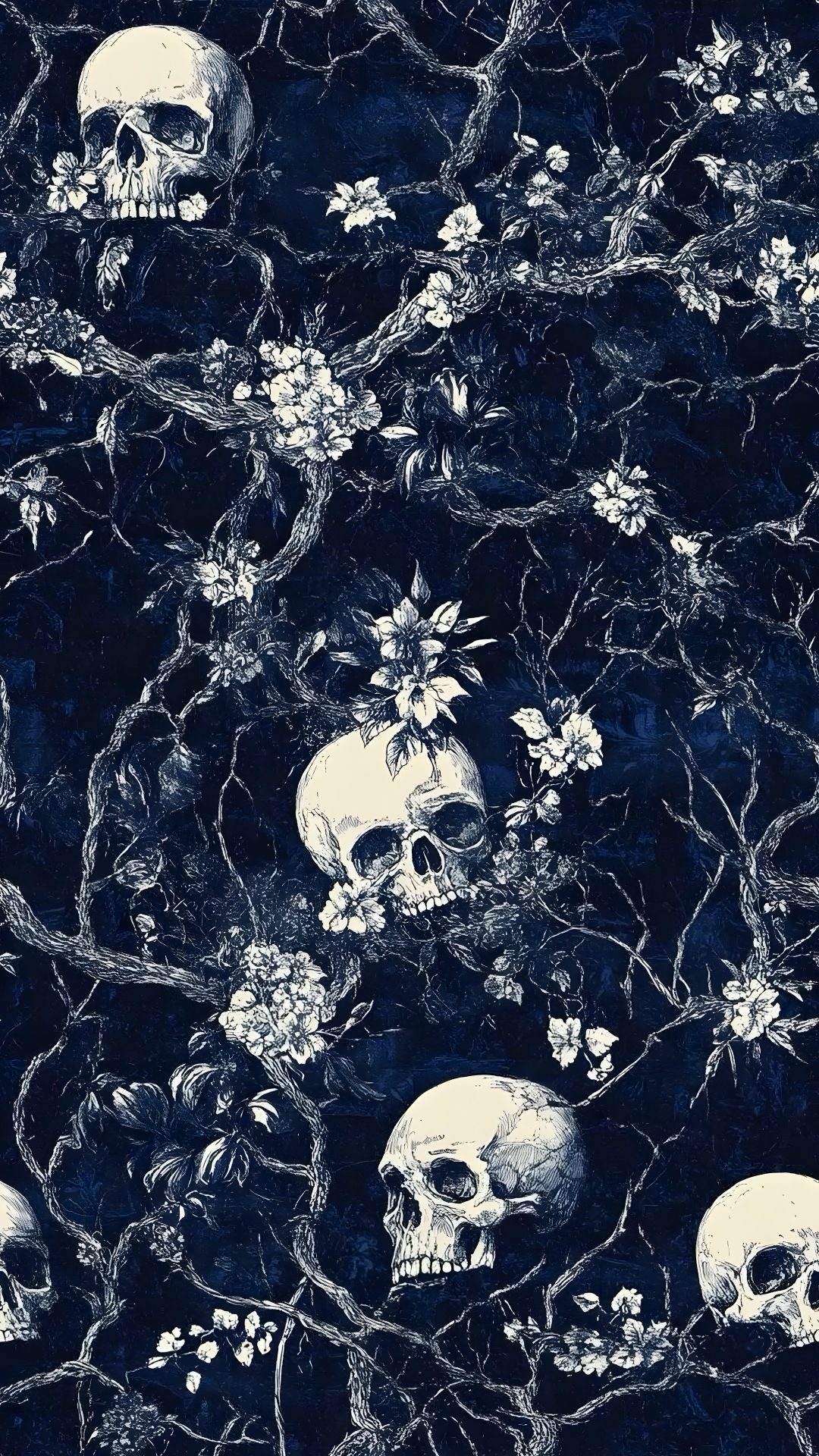 a bunch of skulls that are sitting in a tree with flowers on it's branches Navy Blue Halloween Buda, Mlg, 2000s, Dark Blue, Goth, Gothic,