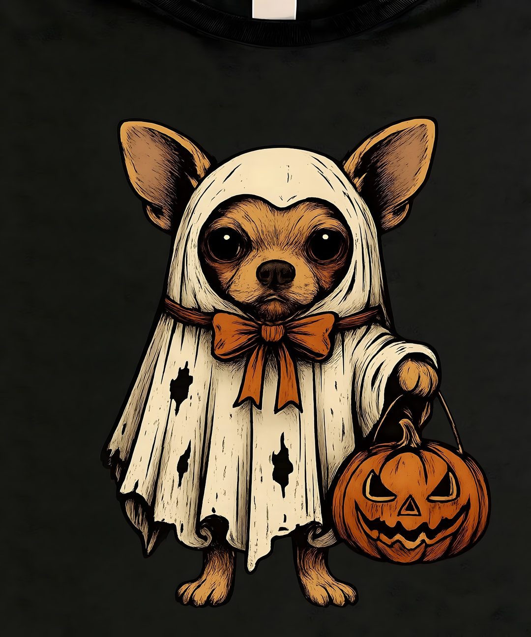 a chihuahua dressed up as a ghost holding a pumpkin Halloween Chihuahua Halloween Fun, Chihuahua Halloween Background, Halloween, black