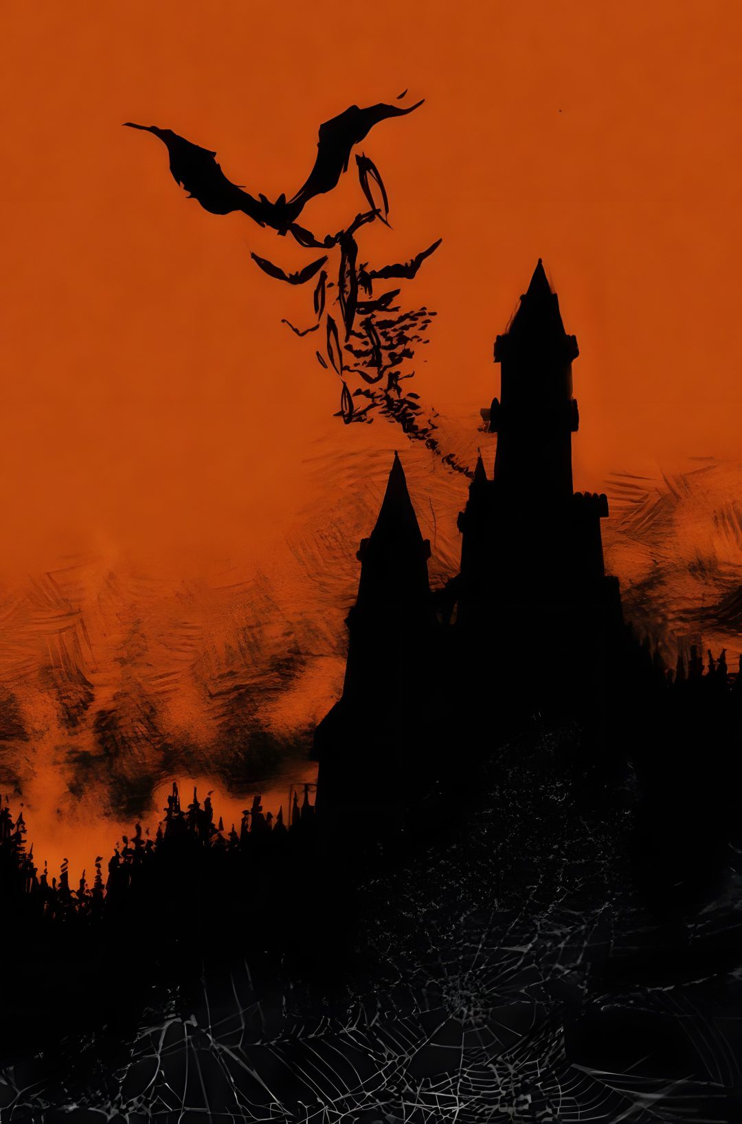 the silhouette of a castle against an orange sky with bats flying over it and trees Vintage Halloween Orange saddle brown