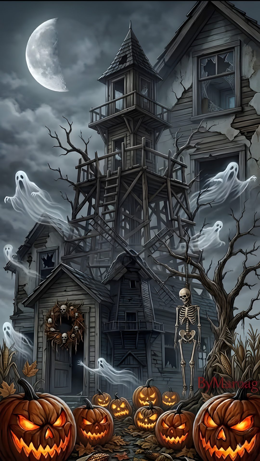 a halloween scene with pumpkins and ghost in front of a house on a spooky night Old Scary Horror Halloween dark slate gray