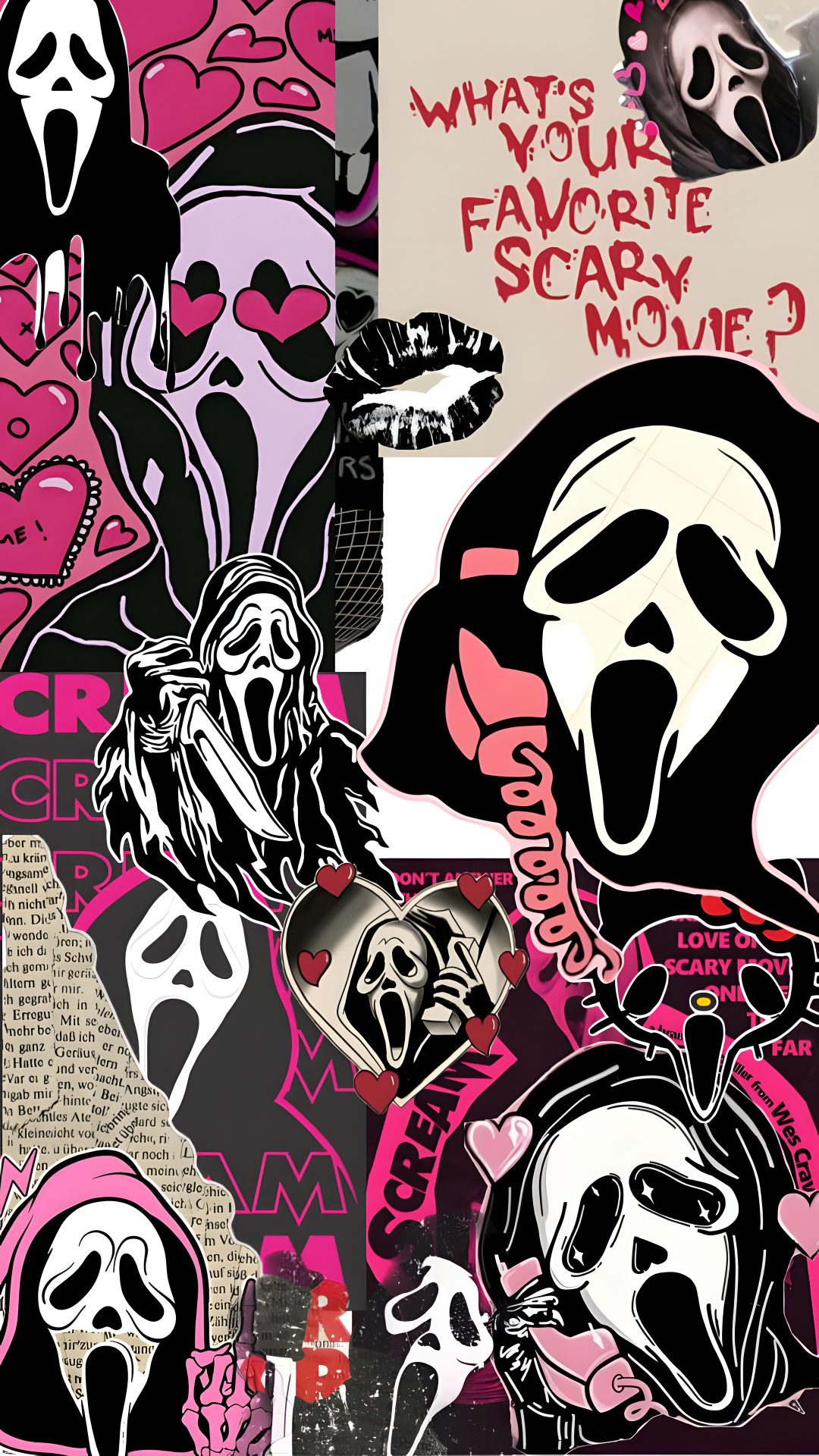 a collage of various stickers with words and images on them that say, what's your favorite scary movie? Cute Halloween Ghostface dim gray