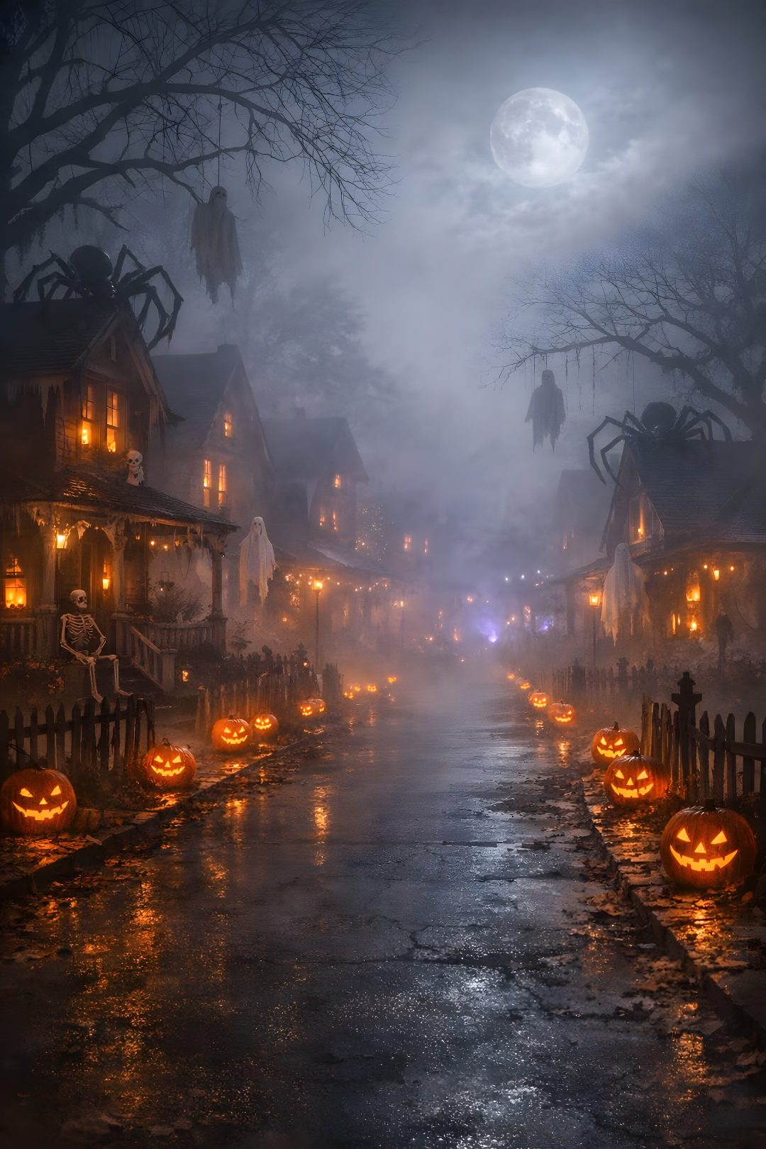 an image of a halloween scene with pumpkins on the street Spooky Halloween Street dark slate gray